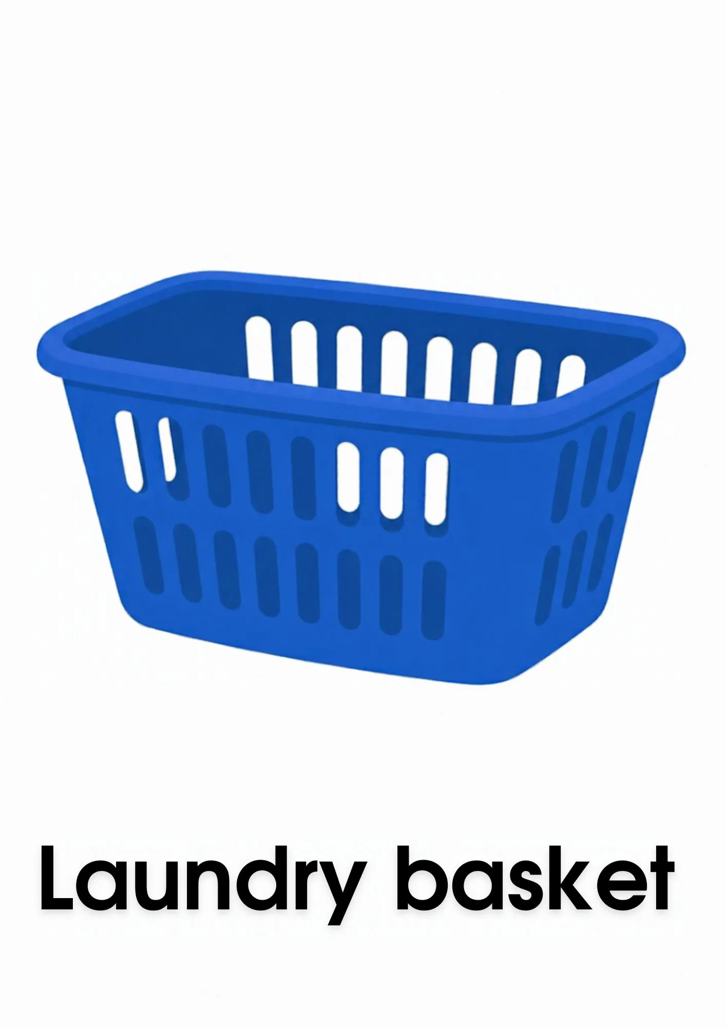 A toddler room flashcard titled laundry basket: the words "laundry basket" under a blue woven basket.