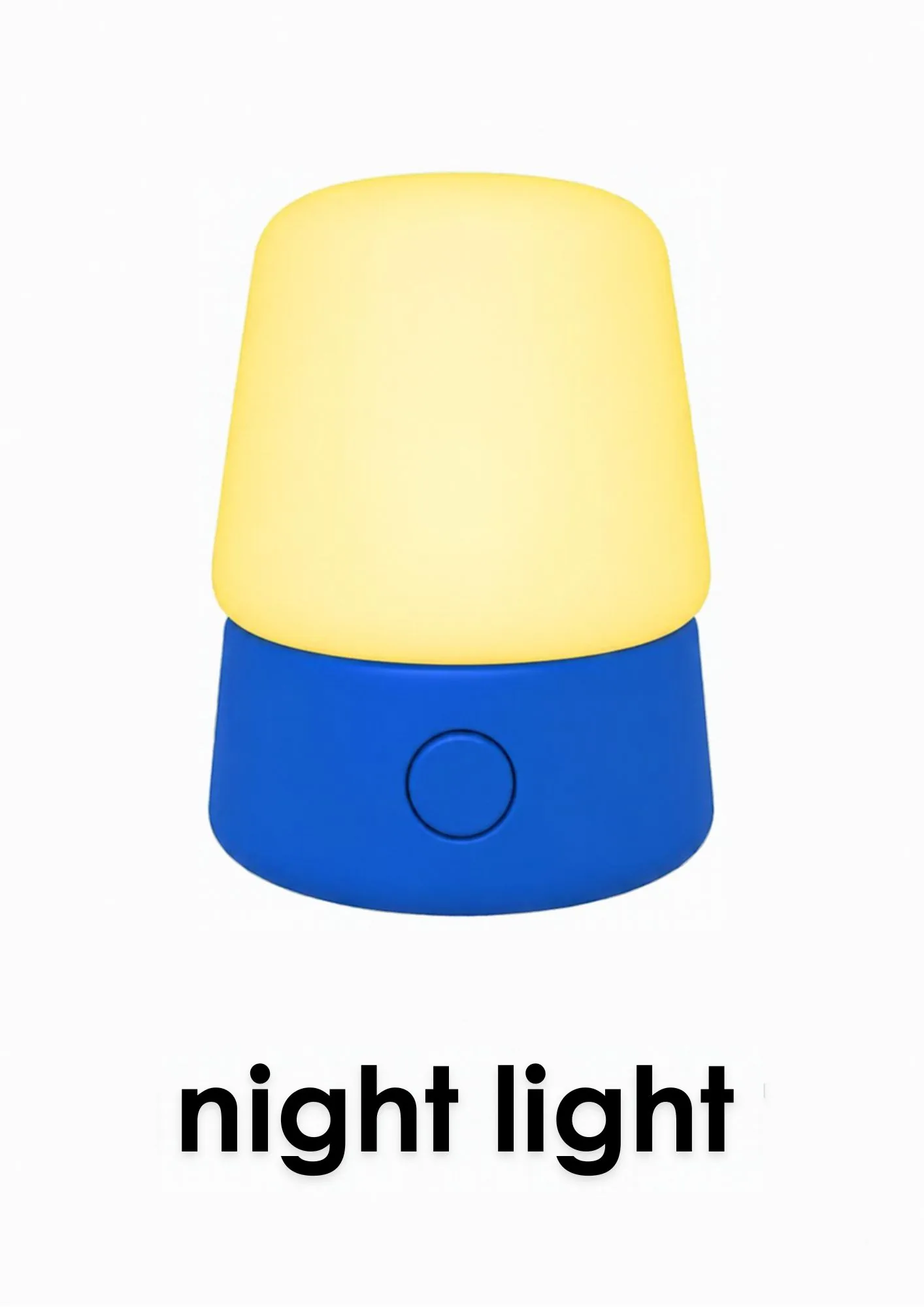 A toddler room flashcard titled night light: the words "night light" under a glowing plug-in night light.