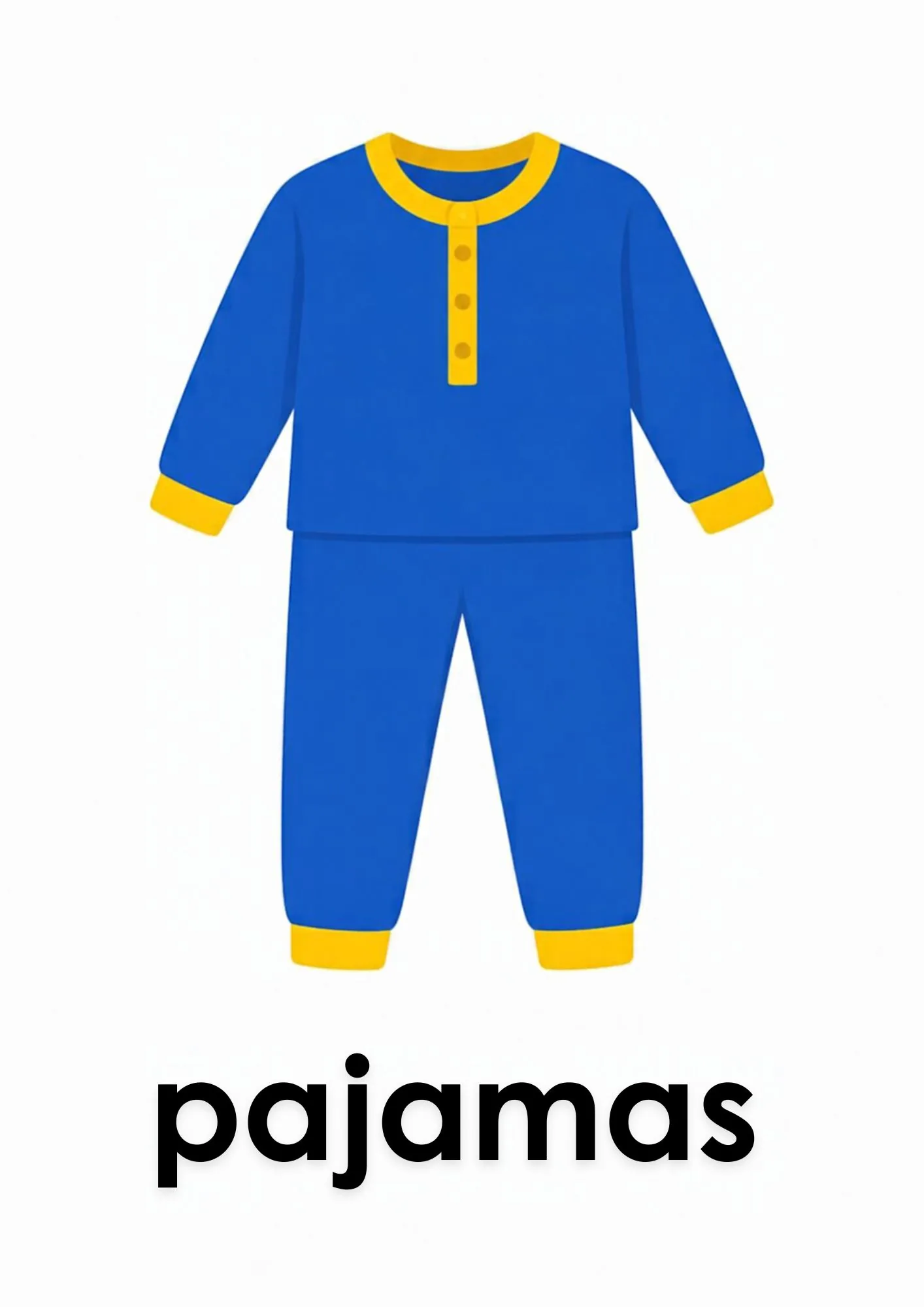 A toddler room flashcard titled pajamas: the word "pajamas" under a blue one-piece sleep suit.