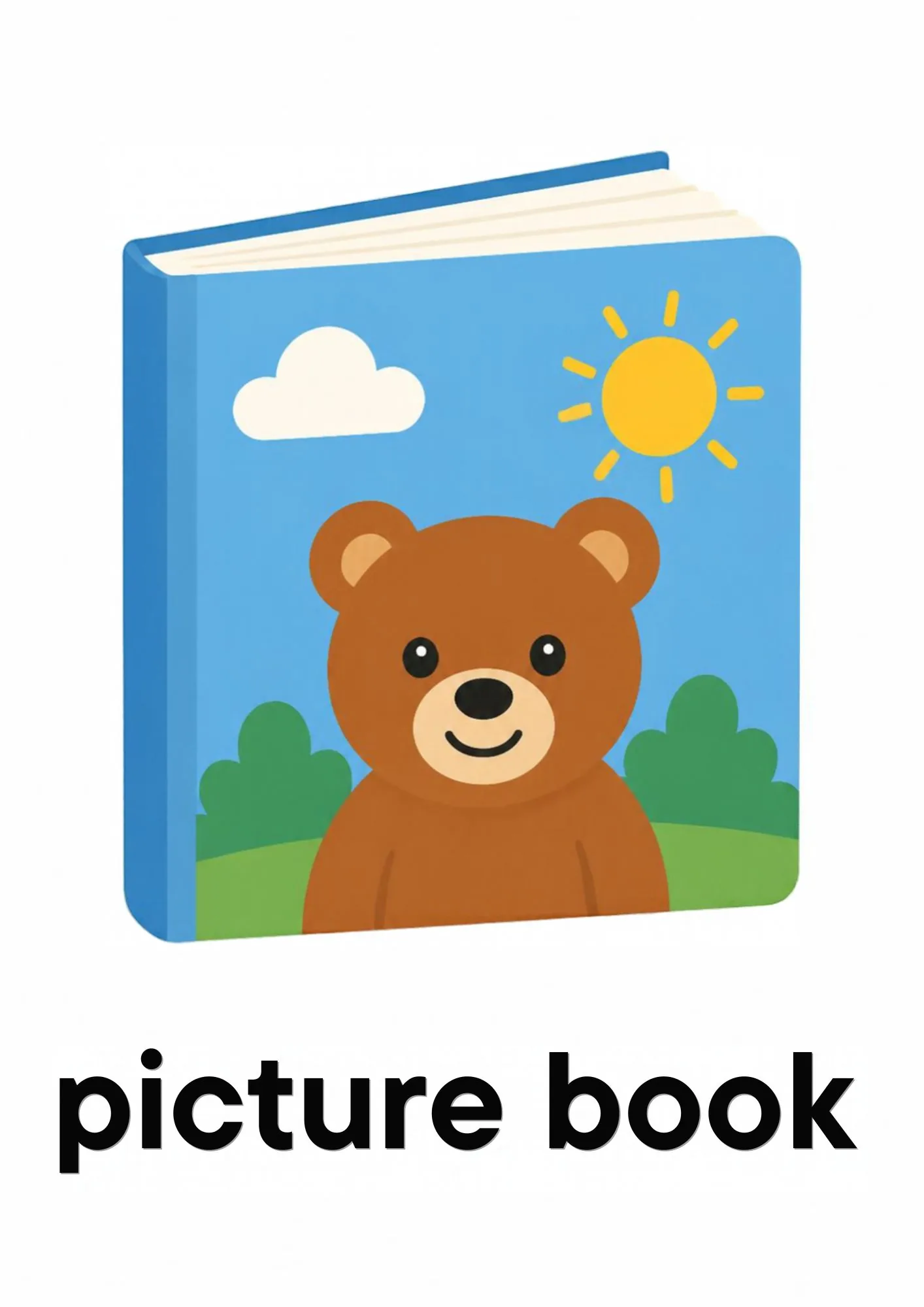 A toddler room flashcard titled picture book: the words "picture book" under a book with a teddy bear on the cover.