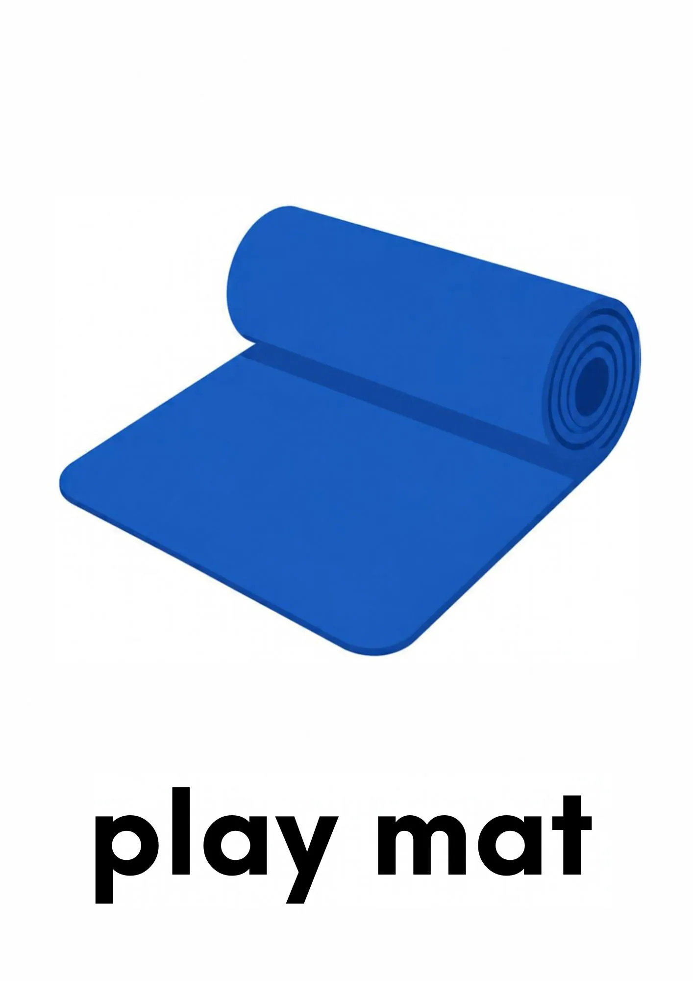 A toddler room flashcard titled play mat: the words "play mat" under a rolled blue play mat.