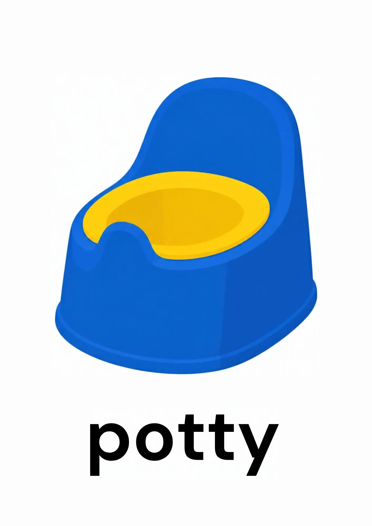 A toddler room flashcard titled potty: the word "potty" under a blue potty chair with a yellow seat.