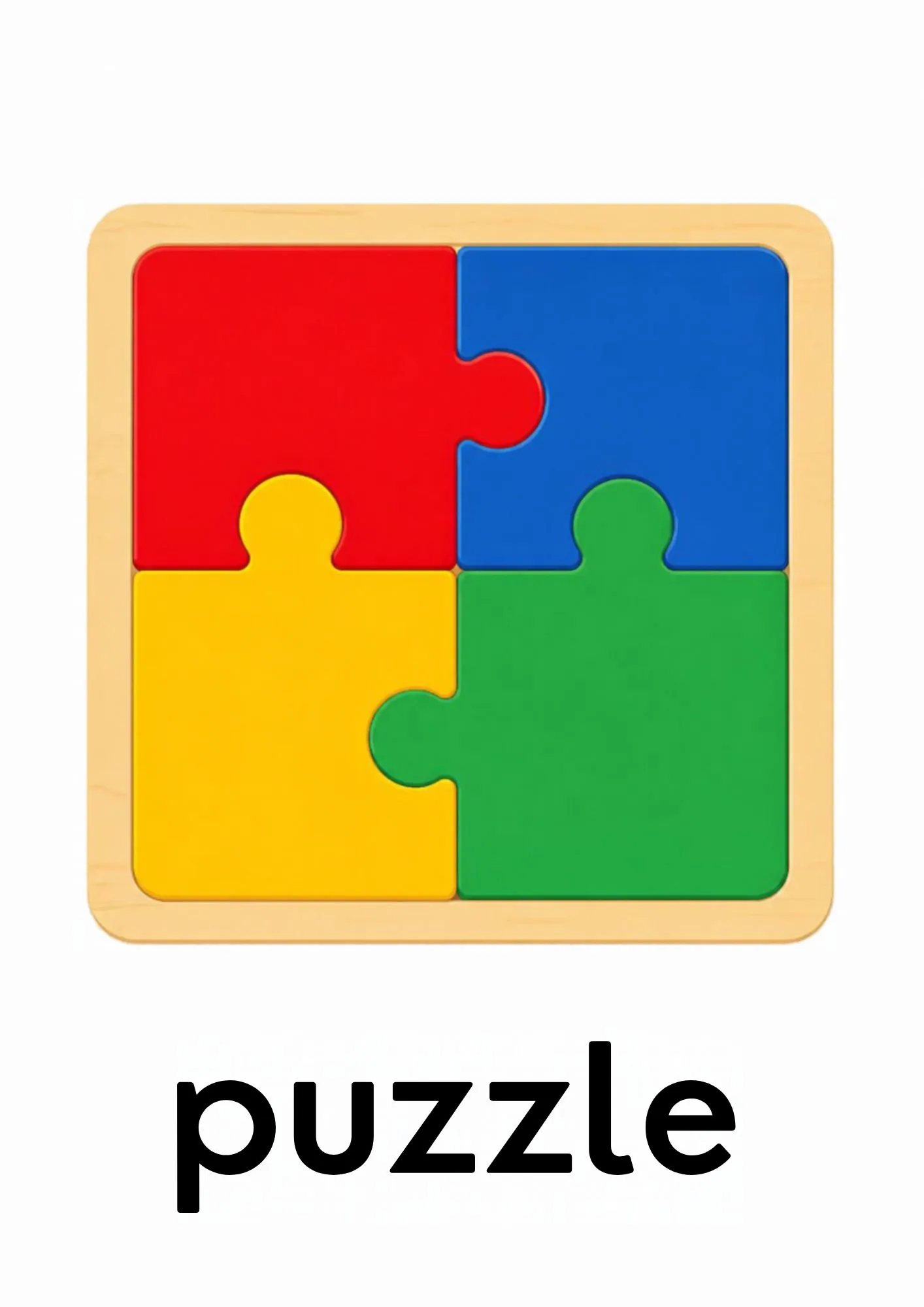 A toddler room flashcard titled puzzle: the word "puzzle" under a four-piece wooden puzzle in red, yellow, green and blue.