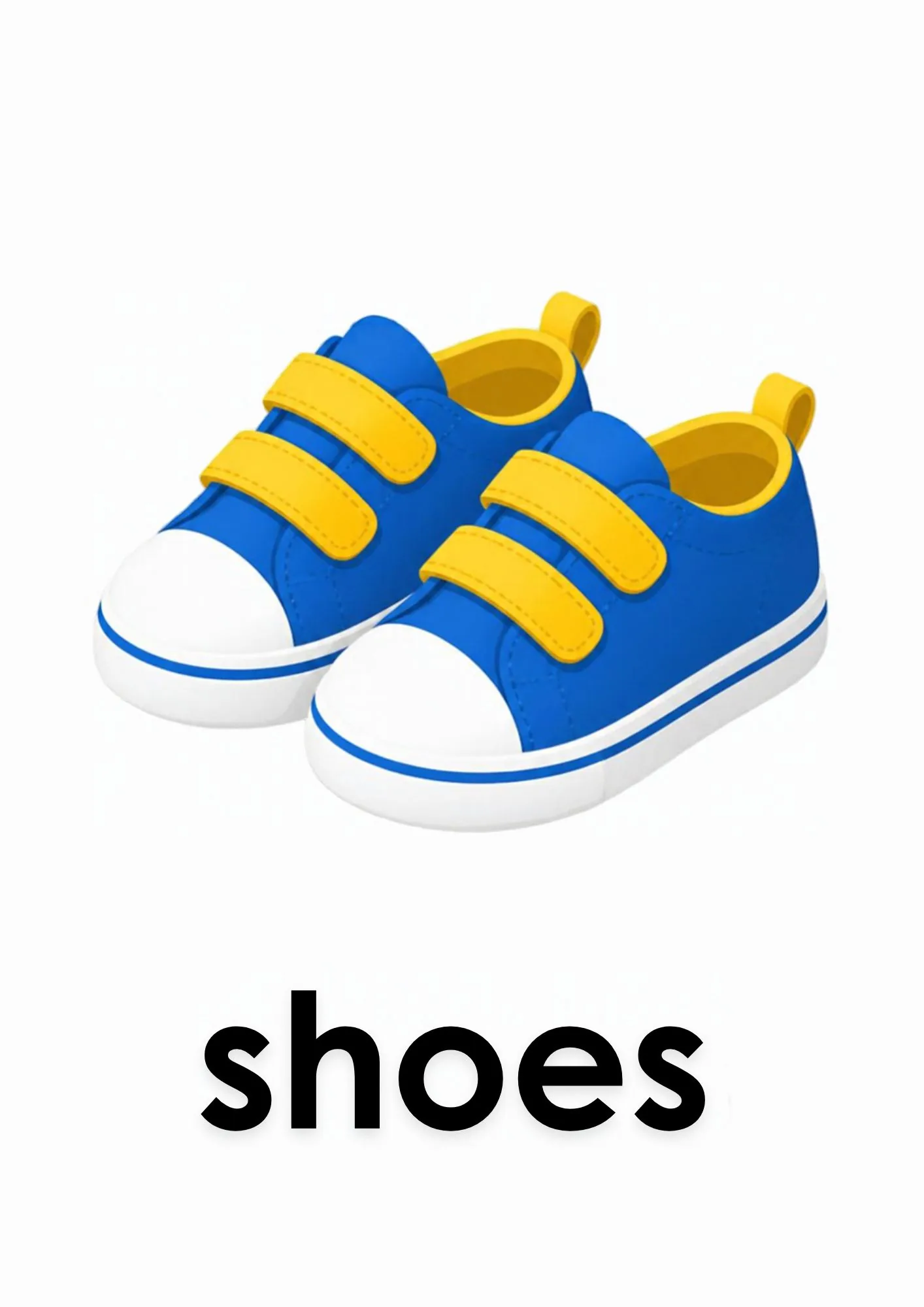 A toddler room flashcard titled shoes: the word "shoes" under a pair of blue and yellow sneakers.