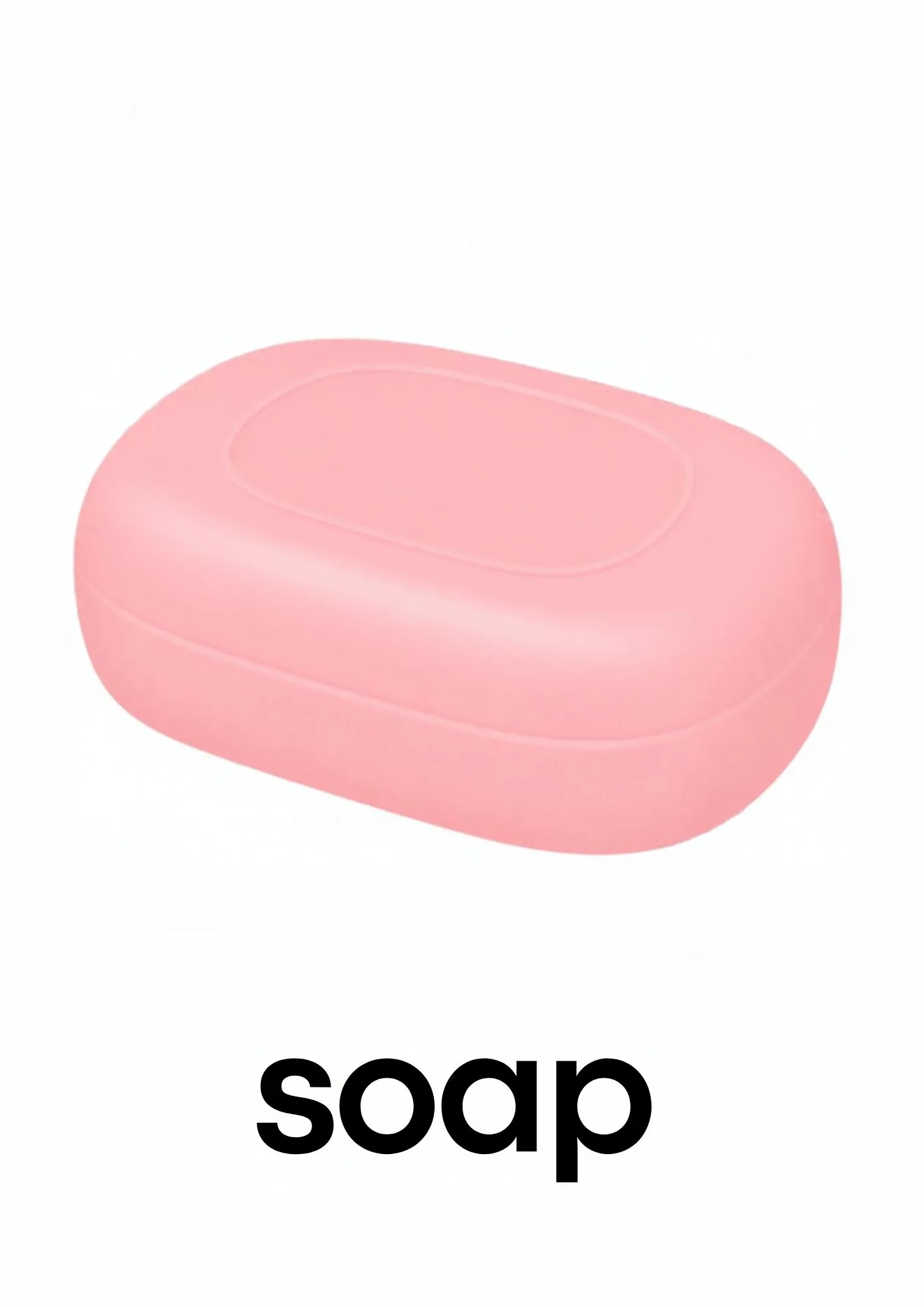 A toddler room flashcard titled soap: the word "soap" under a pink bar of soap.