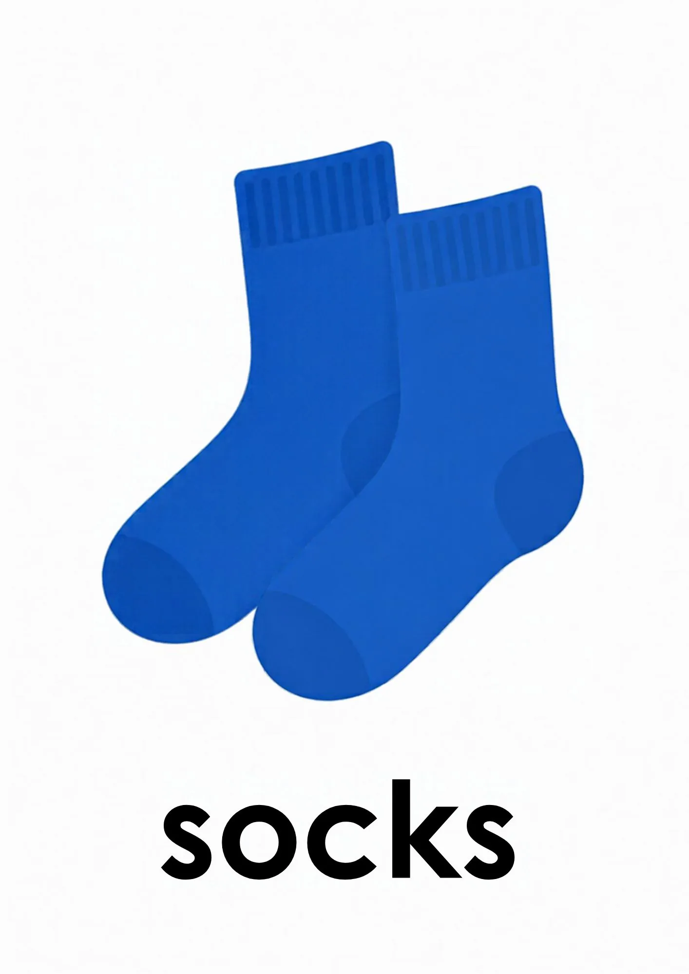 A toddler room flashcard titled socks: the word "socks" under a pair of blue socks.
