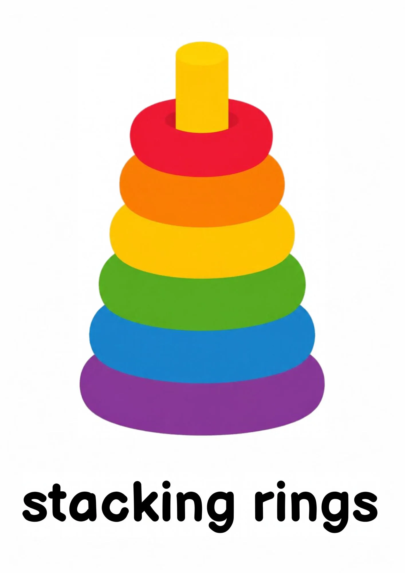 A toddler room flashcard titled stacking rings: the words "stacking rings" under a rainbow ring stacker on a yellow post.