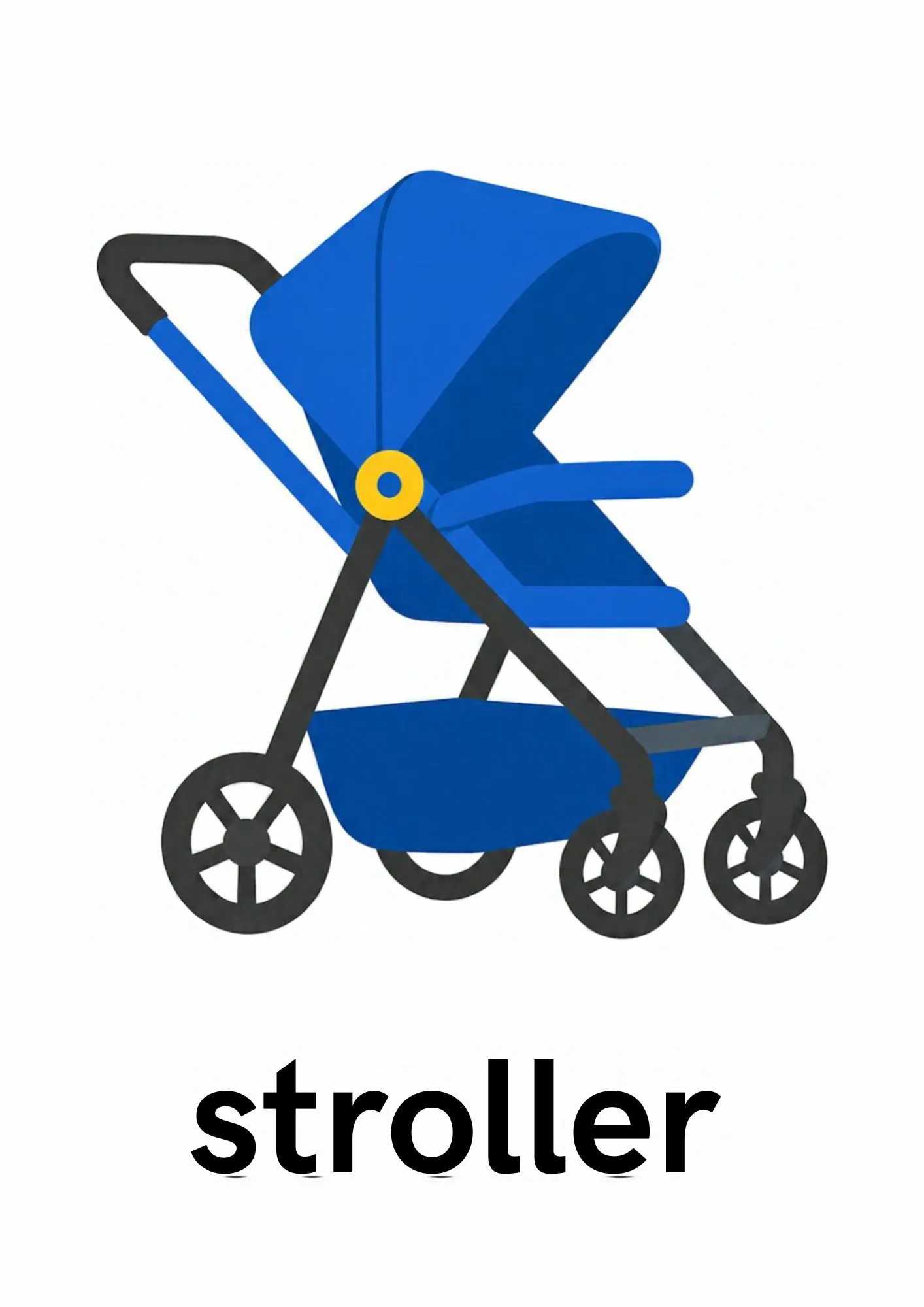 A toddler room flashcard titled stroller: the word "stroller" under a blue pushchair stroller.
