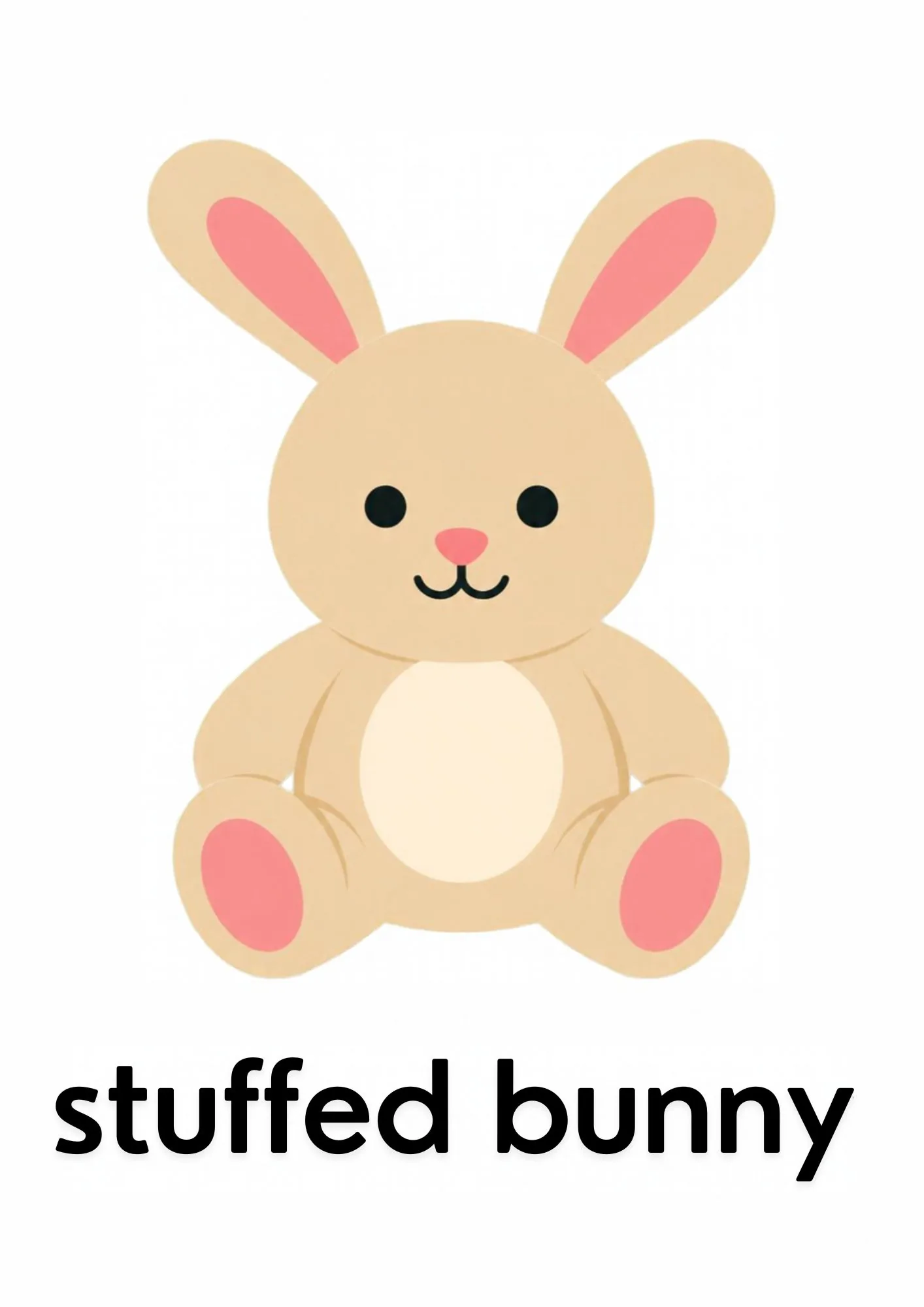A toddler room flashcard titled stuffed bunny: the words "stuffed bunny" under a cream plush rabbit.