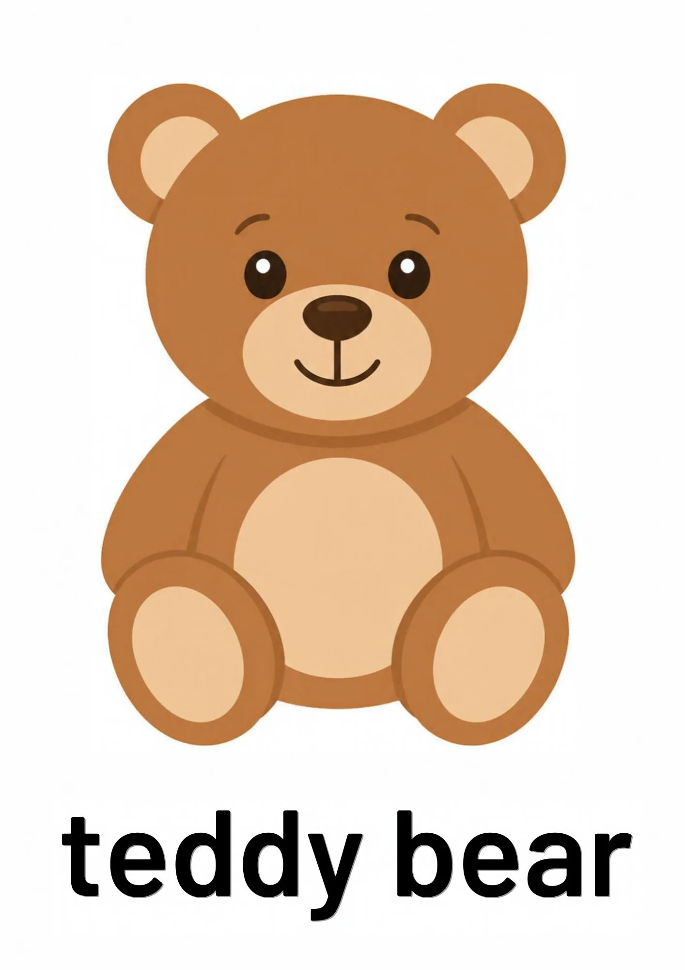 A toddler room flashcard titled teddy bear: the words "teddy bear" under a brown plush teddy bear.