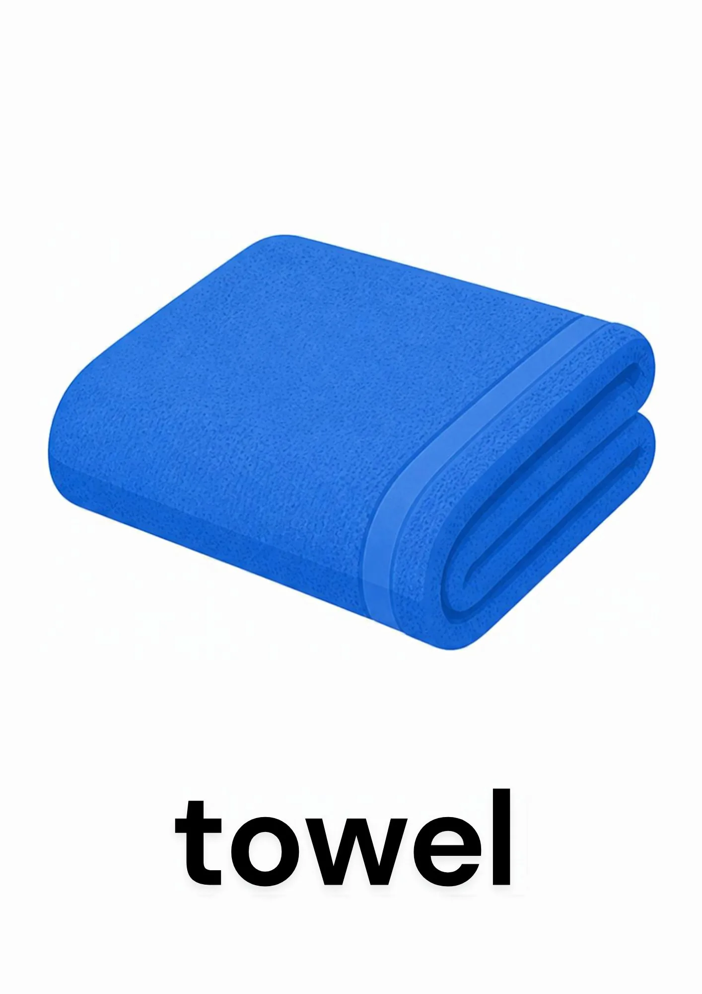 A toddler room flashcard titled towel: the word "towel" under a folded blue towel.