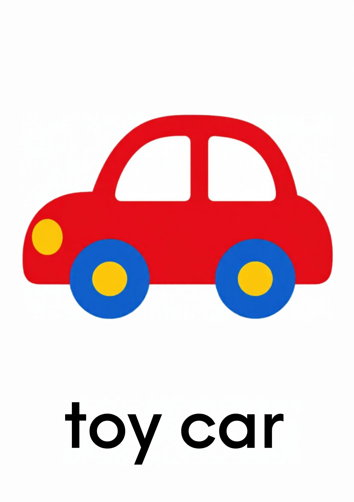 A toddler room flashcard titled toy car: the words "toy car" under a red toy car with blue wheels.