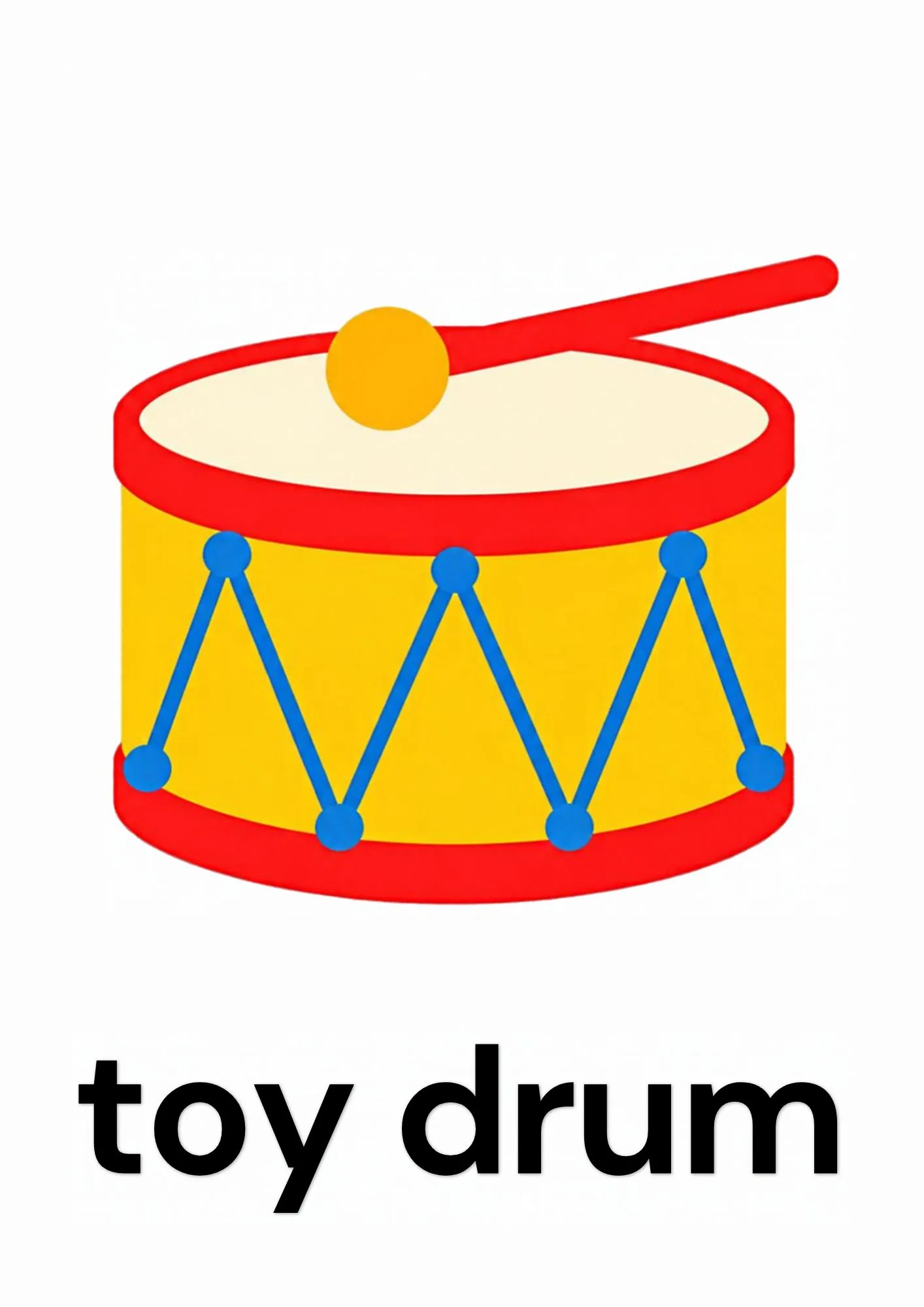 A toddler room flashcard titled toy drum: the words "toy drum" under a red and yellow toy drum with drumsticks.