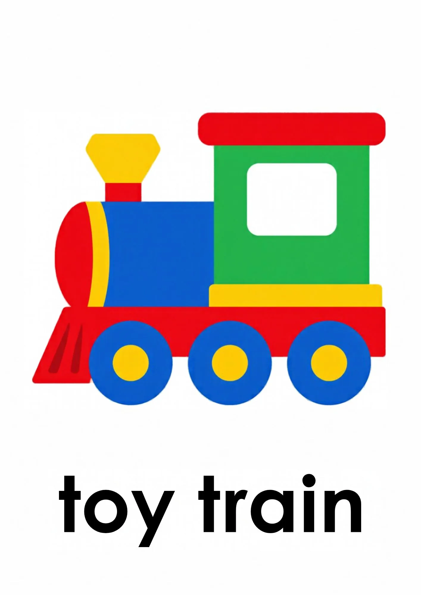 A toddler room flashcard titled toy train: the words "toy train" under a green and red toy engine with two carriages.