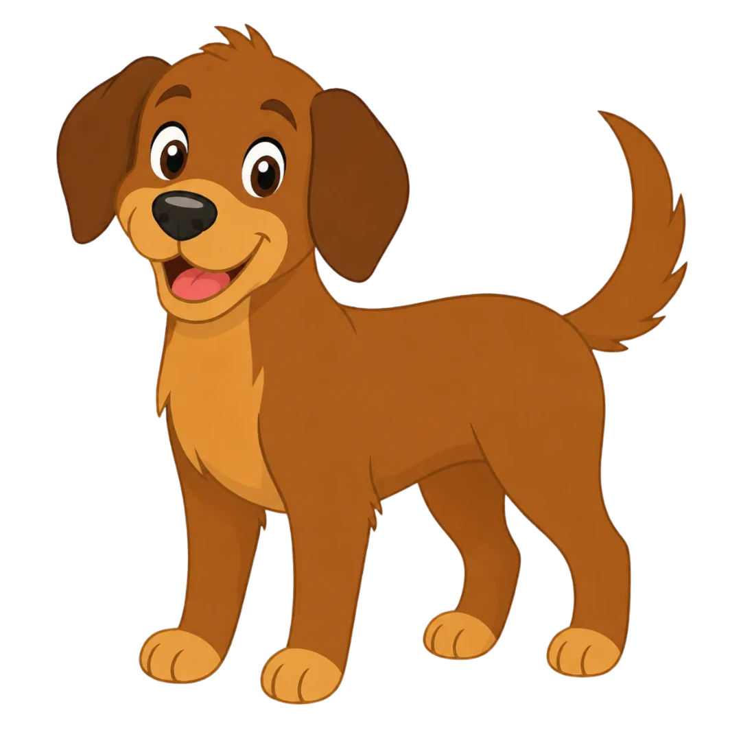 A friendly brown dog with a wagging tail