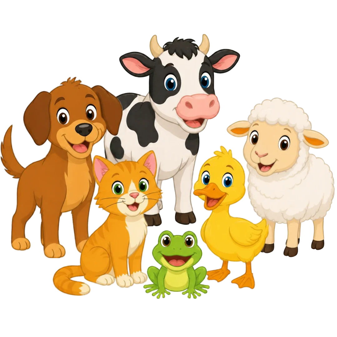 The Animal Sound Safari cover: six friendly animals — dog, cat, cow, duck, sheep and frog — gathered together