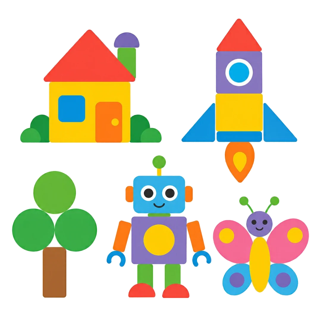The Look and Draw cover: a house, rocket, tree, robot and butterfly built from colorful shapes