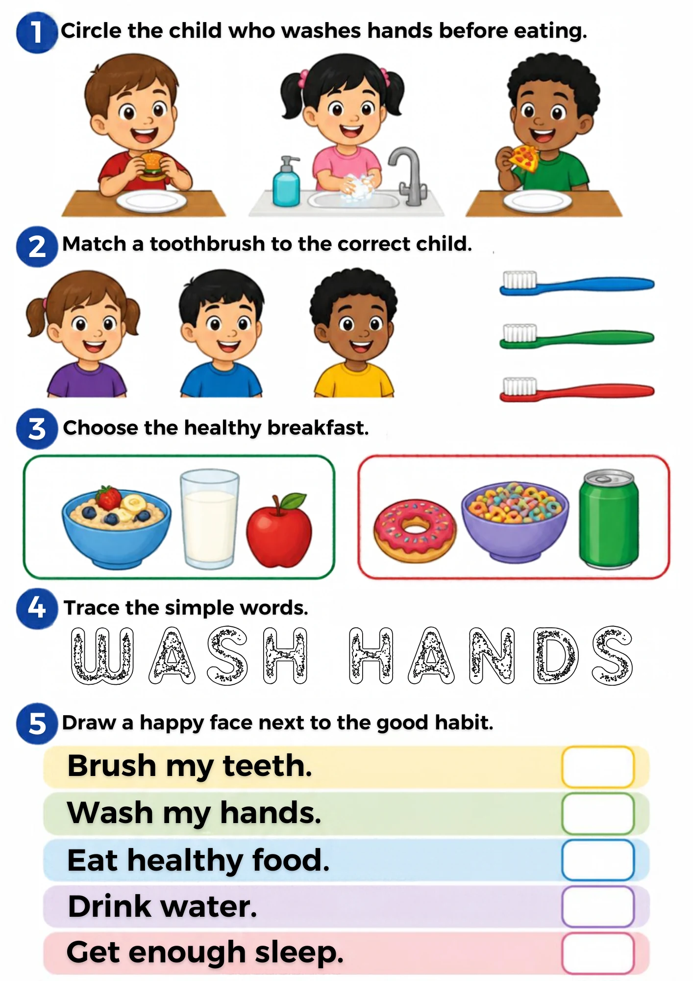 A life-skills worksheet for age 4: circle the child washing hands, match toothbrushes, choose the healthy breakfast, trace WASH HANDS and draw happy faces beside good habits — on screen or on paper.