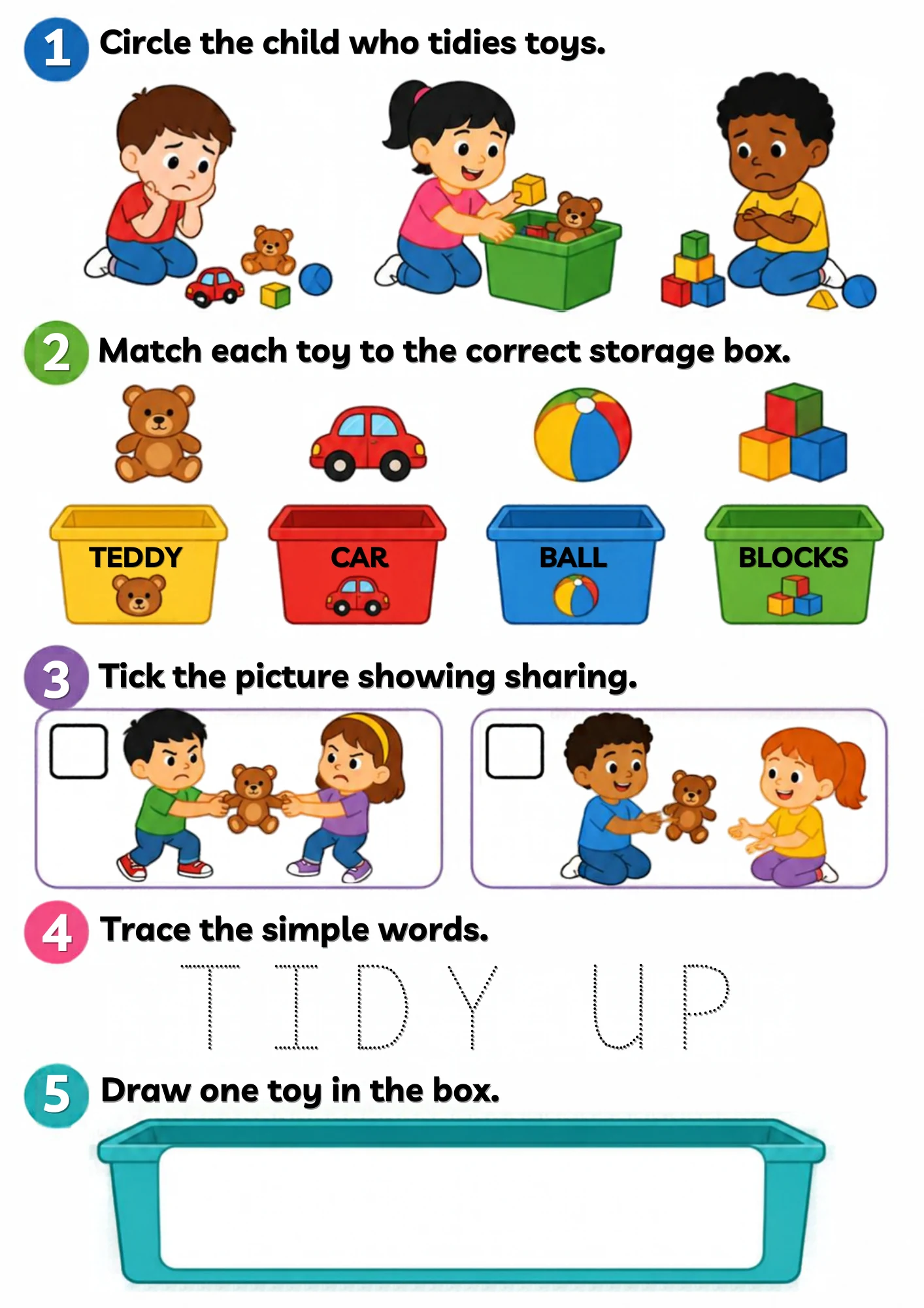The full Tidy Up activity sheet: Every toy has a home — teddy, car, ball and blocks go back where they belong.