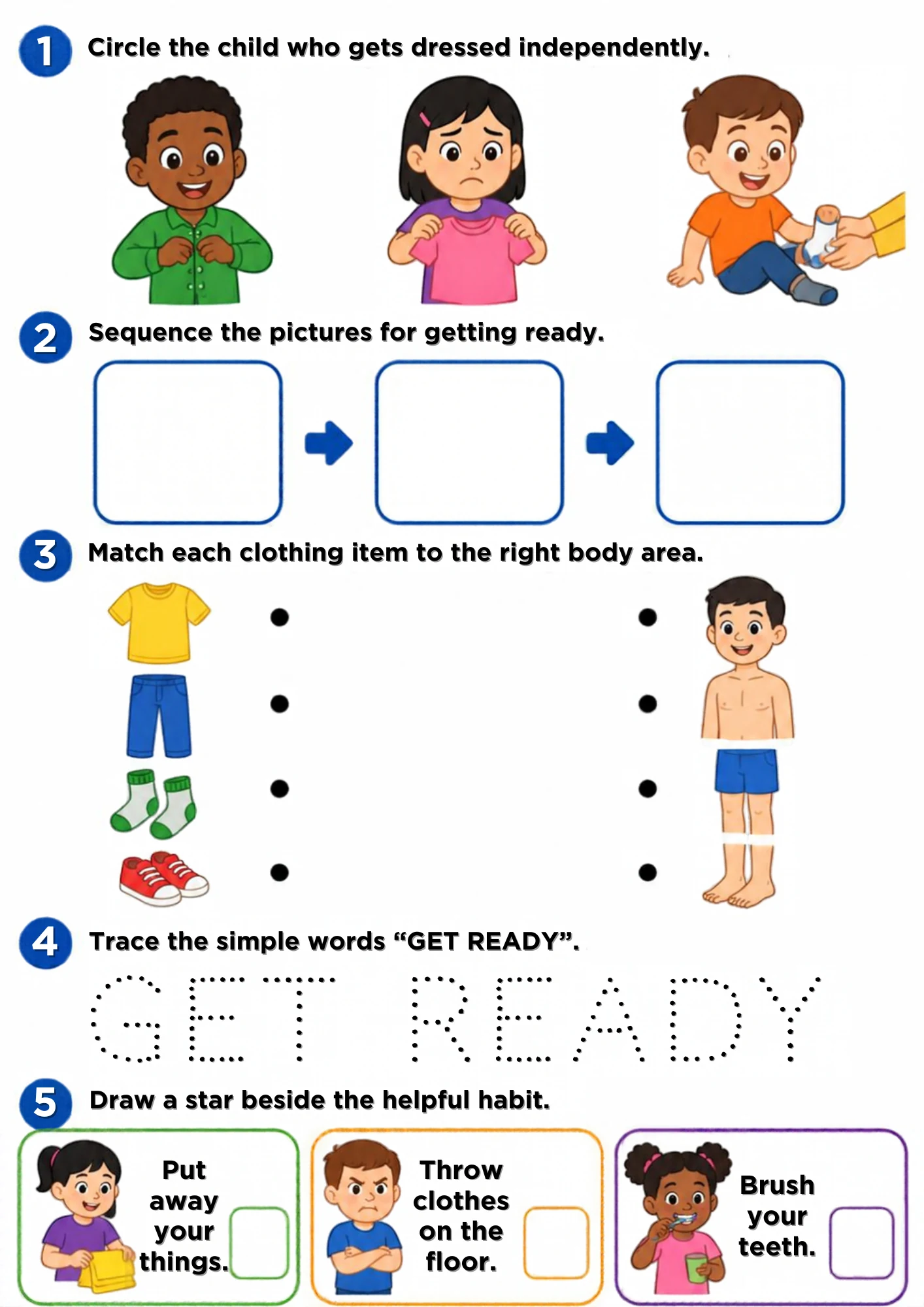 The full Get Ready activity sheet: Dressing all by yourself, clothes to the right body area and a morning in the right order.