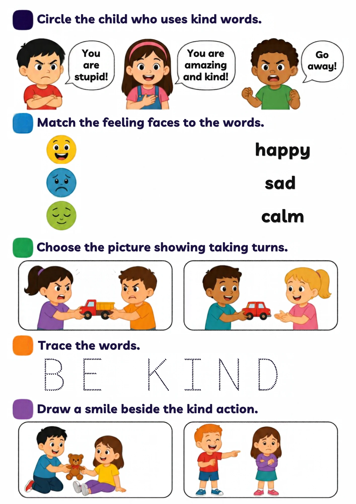 A kindness worksheet for age 4: circle the child using kind words, match feeling faces to happy, sad and calm, choose the taking-turns picture, trace BE KIND and draw a smile beside the kind action.