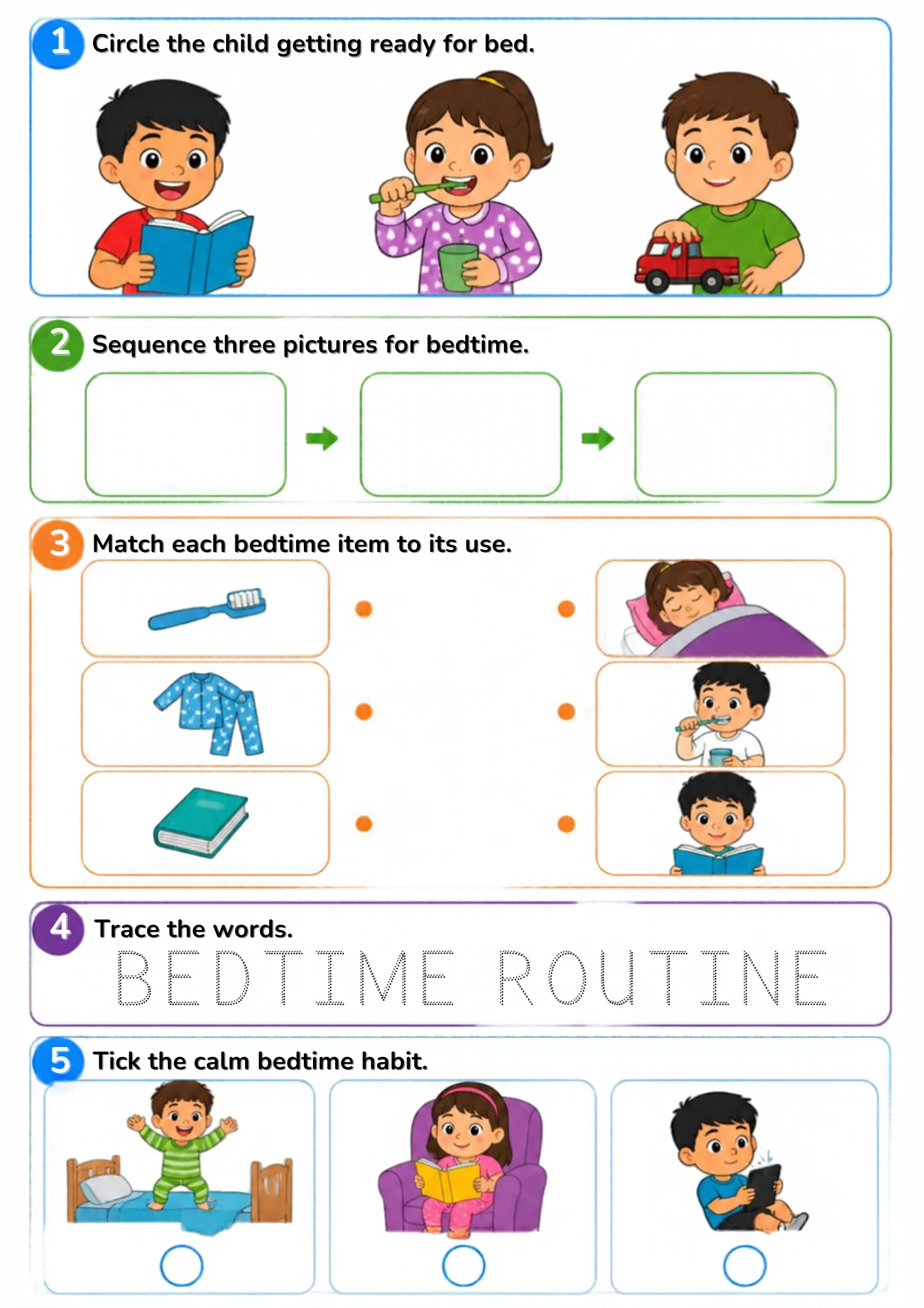 A bedtime worksheet for age 4: circle the child getting ready for bed, sequence the bedtime steps, match each bedtime item to its use, trace BEDTIME ROUTINE and tick the calm bedtime habit — on screen or on paper.