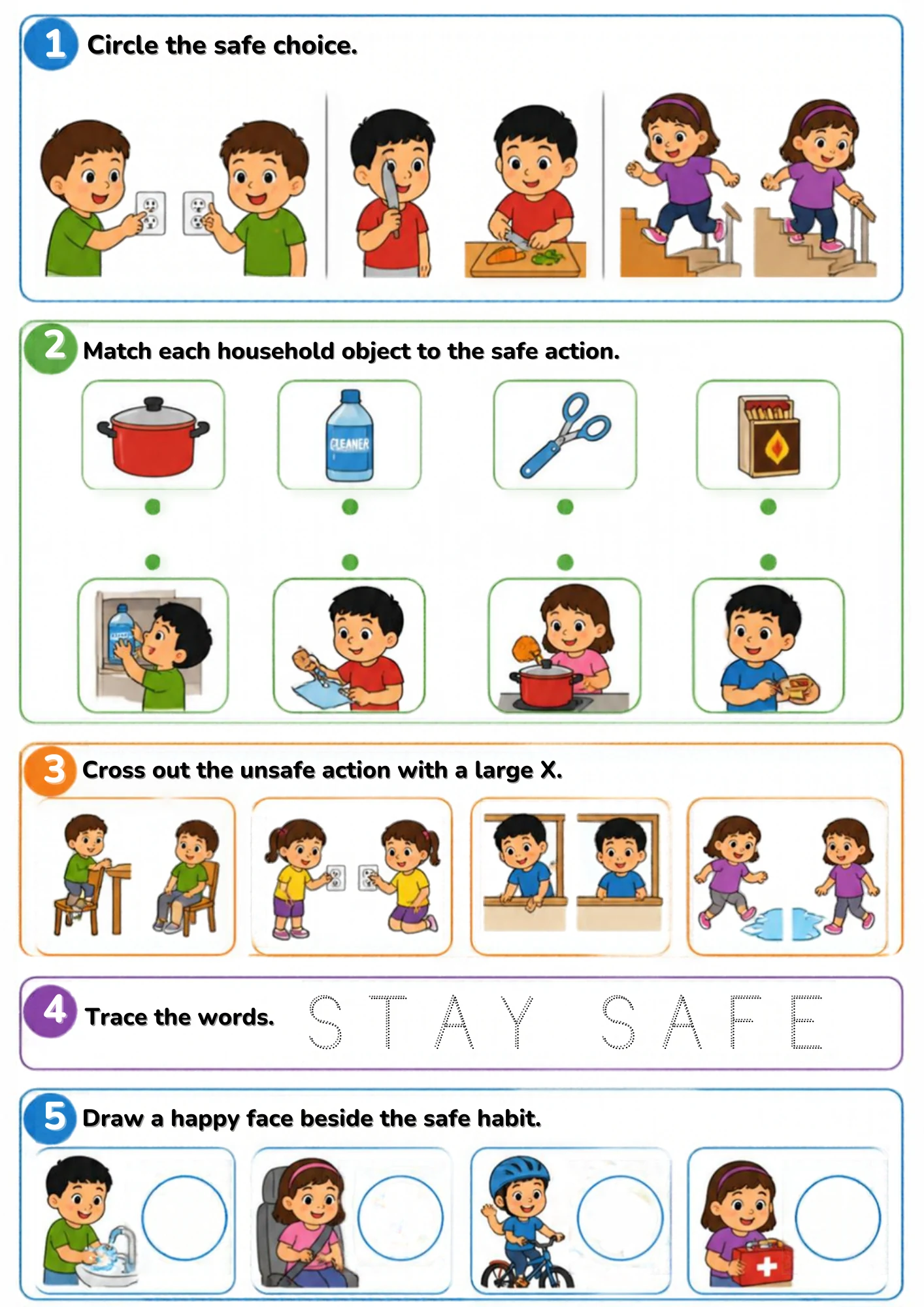 The full Stay Safe activity sheet: Safe choices at home — outlets, knives, stairs — and matching every object to its safe use.
