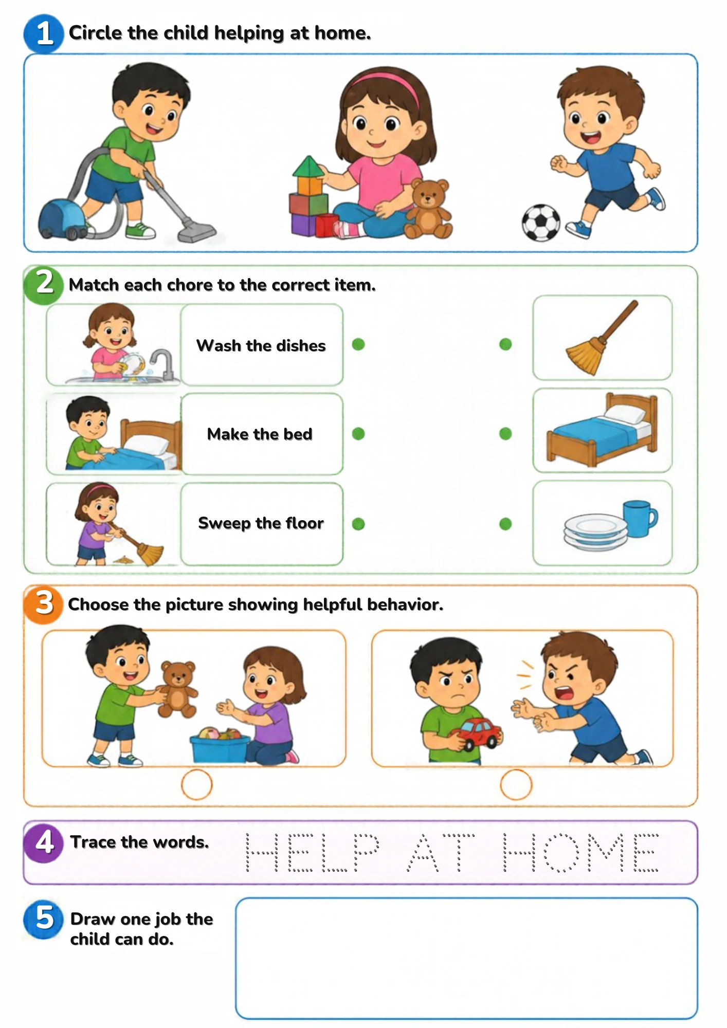 The full Help at Home activity sheet: Chores matched to their tools, kind helping hands and one job you can really do.