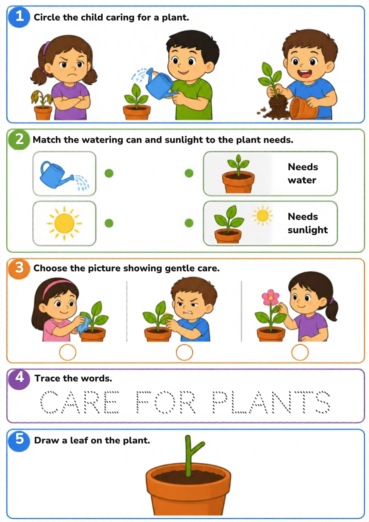 The full Care for Plants activity sheet: Water and sunlight for growing things, gentle hands and one new leaf to draw.
