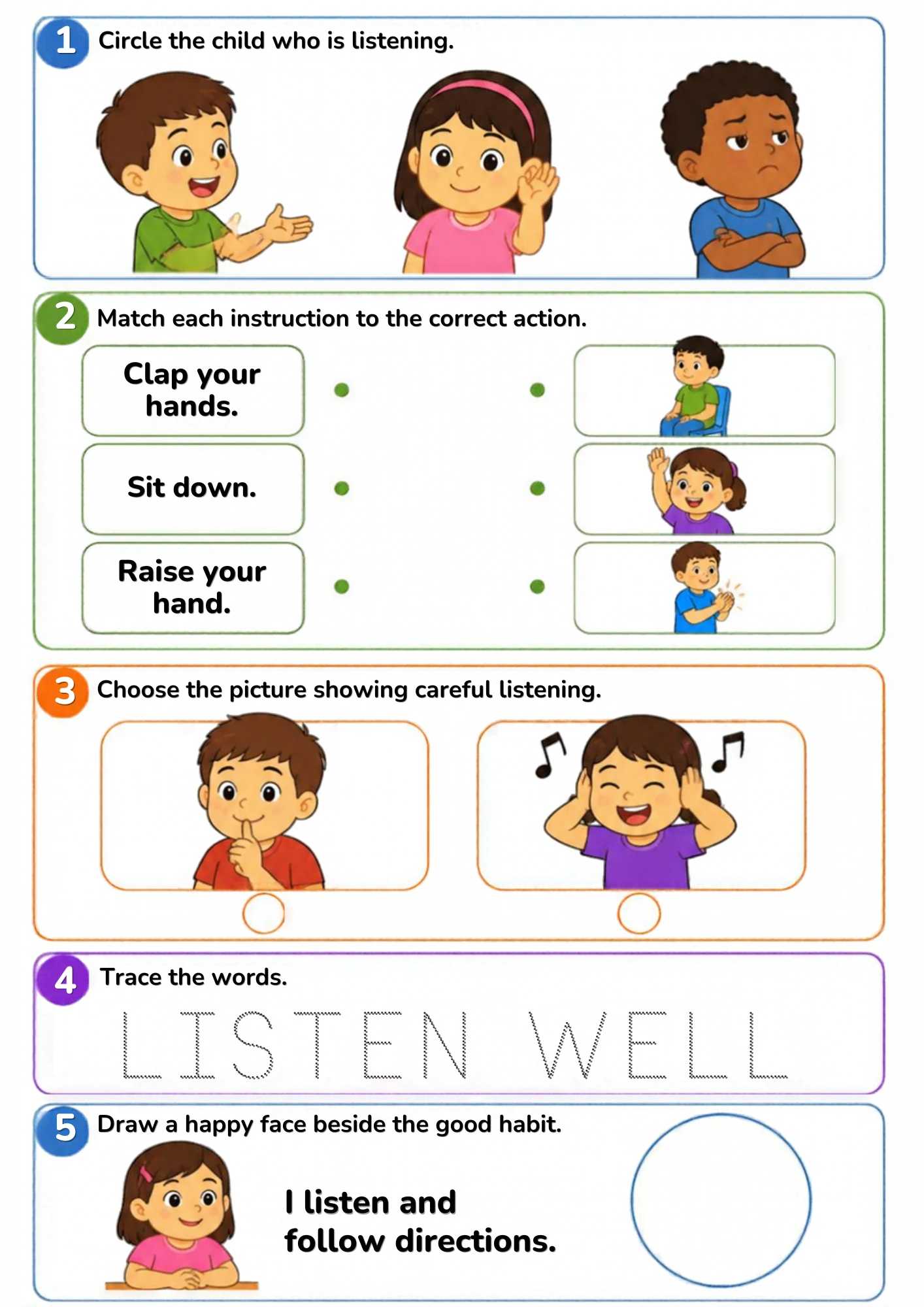The full Listen Well activity sheet: Ears ready, follow the instruction the first time — clap, sit, raise your hand.