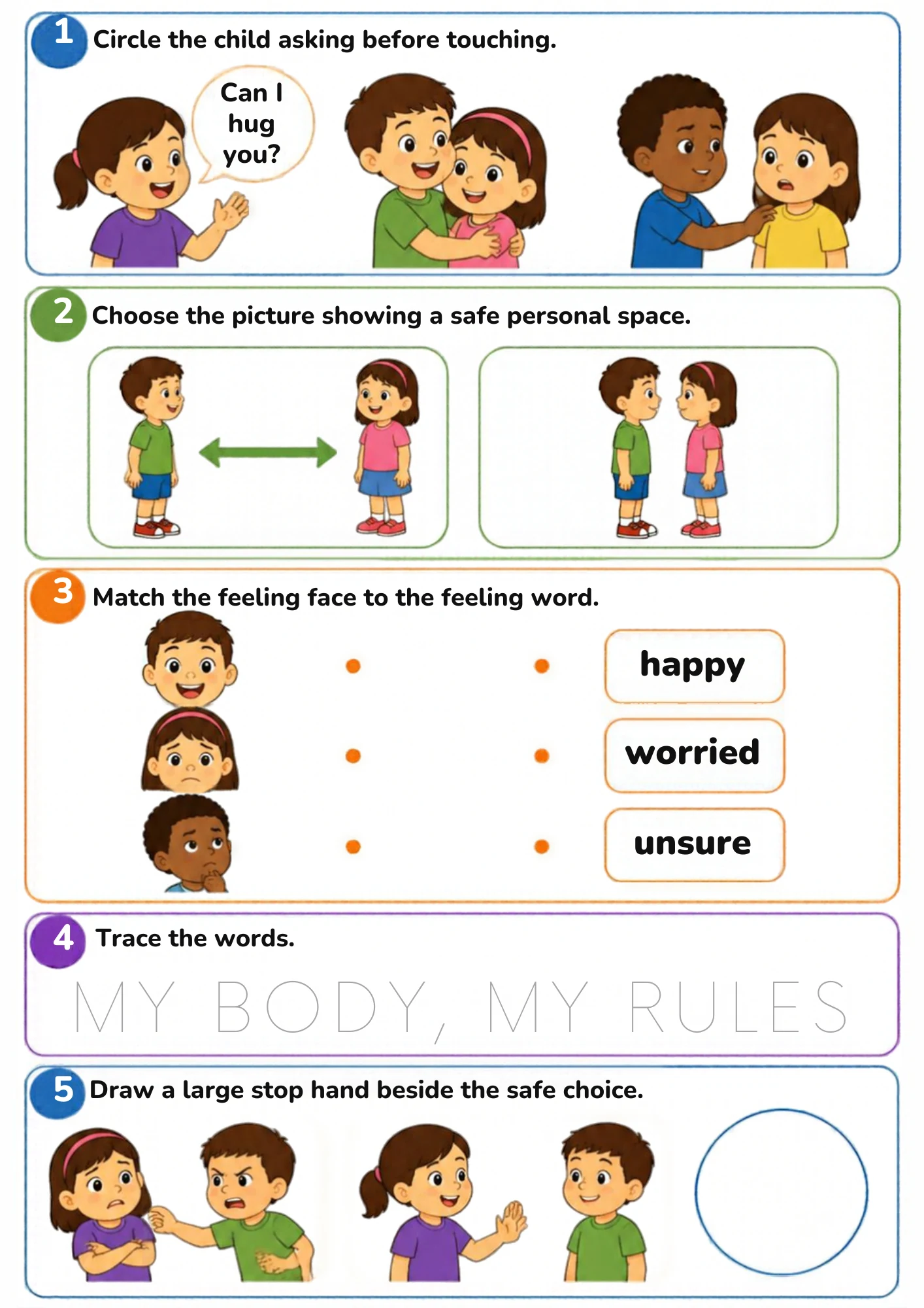 The full My Body, My Rules activity sheet: Asking before touching, comfortable personal space and naming feelings — the foundations of body safety.