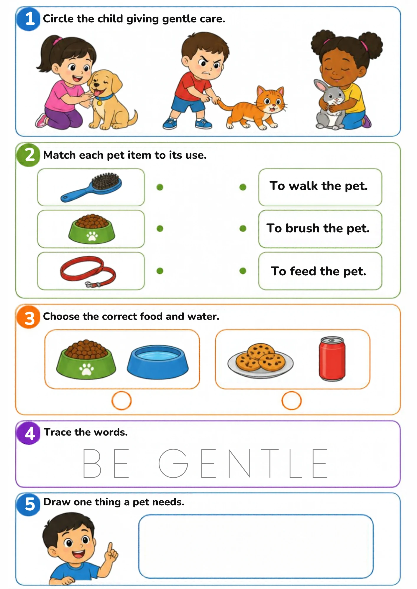 The full Be Gentle activity sheet: Soft hands for animals, each pet item to its job, and the right food and water to choose.