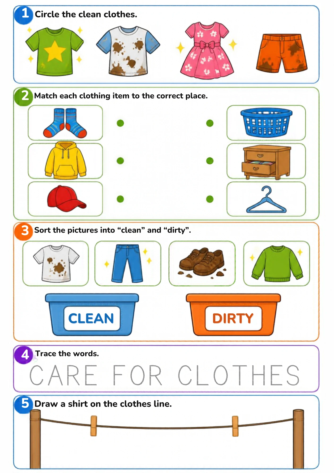 A clothing-care worksheet for preschoolers: circle the clean clothes, match each clothing item to where it belongs, sort pictures into clean and dirty, trace CARE FOR CLOTHES and draw a shirt on the clothes line.