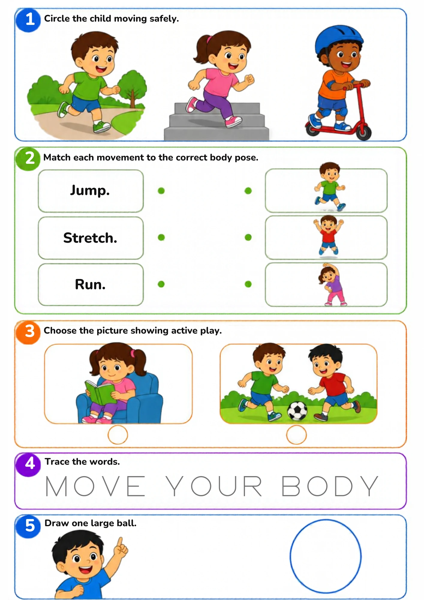 The full Move Your Body activity sheet: Run, jump and stretch — spot safe movement, match the poses and choose active play.
