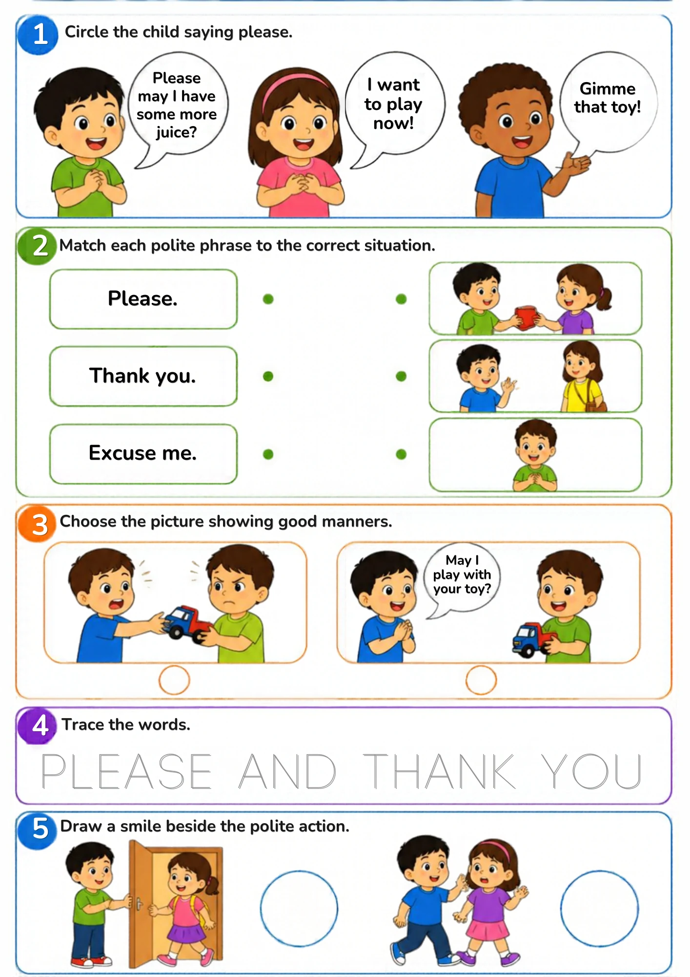 A manners worksheet for age 4: circle the child saying please, match please, thank you and excuse me to the right situation, choose the good-manners picture, trace the words and draw a smile beside the polite action.
