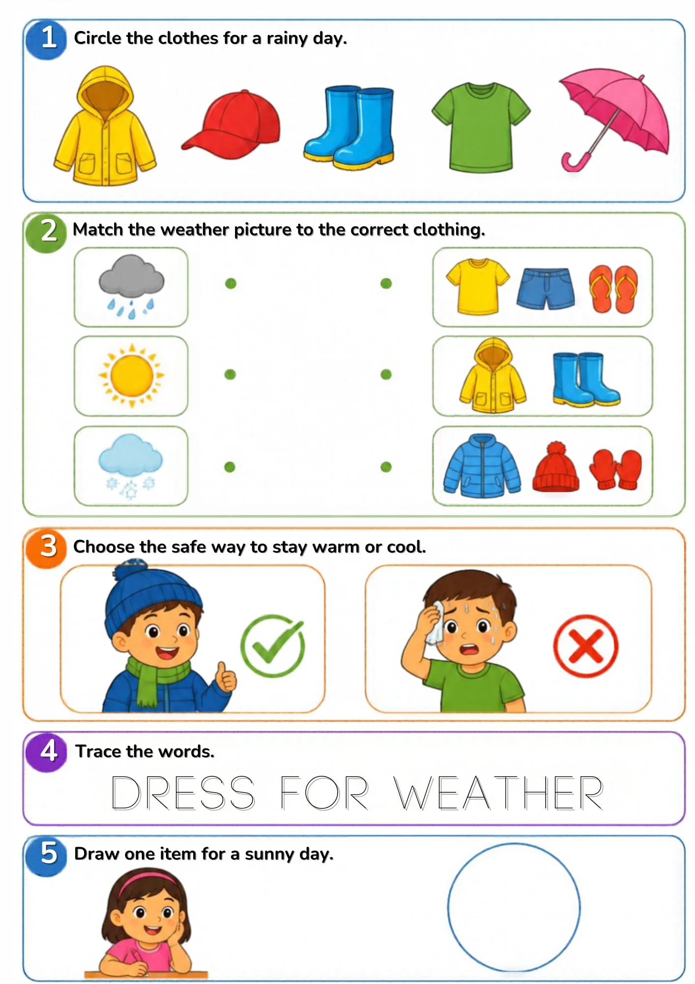 The full Dress for Weather activity sheet: Raincoats for rain, mittens for snow, shorts for sun — matching the day to the clothes.