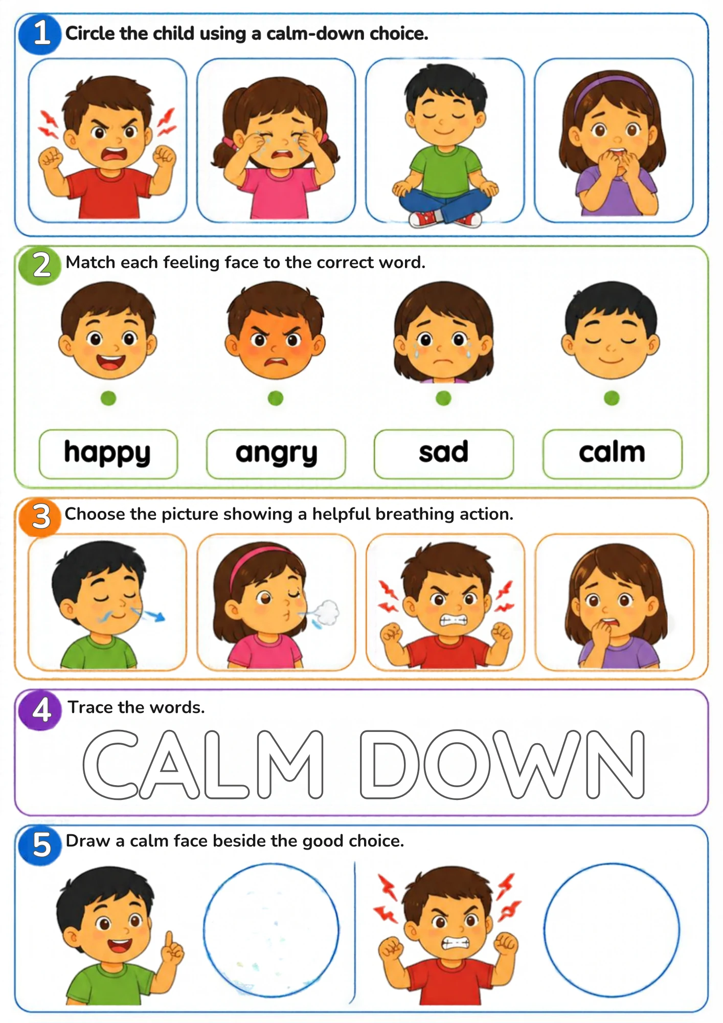 The full Calm Down activity sheet: Naming big feelings, choosing a calm-down action and finding the helpful breath.