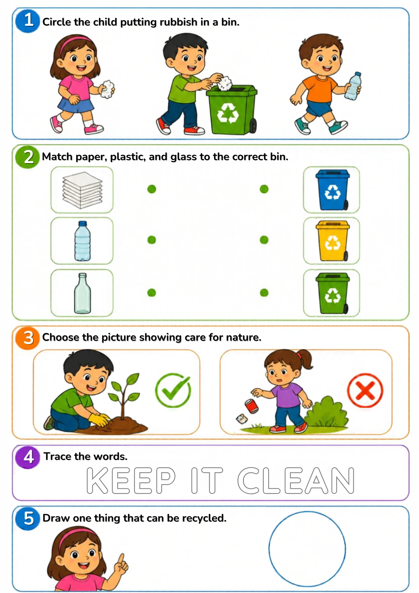 The full Keep It Clean life-skills worksheet: Rubbish in the bin, paper-plastic-glass to the right recycling, and care for nature.