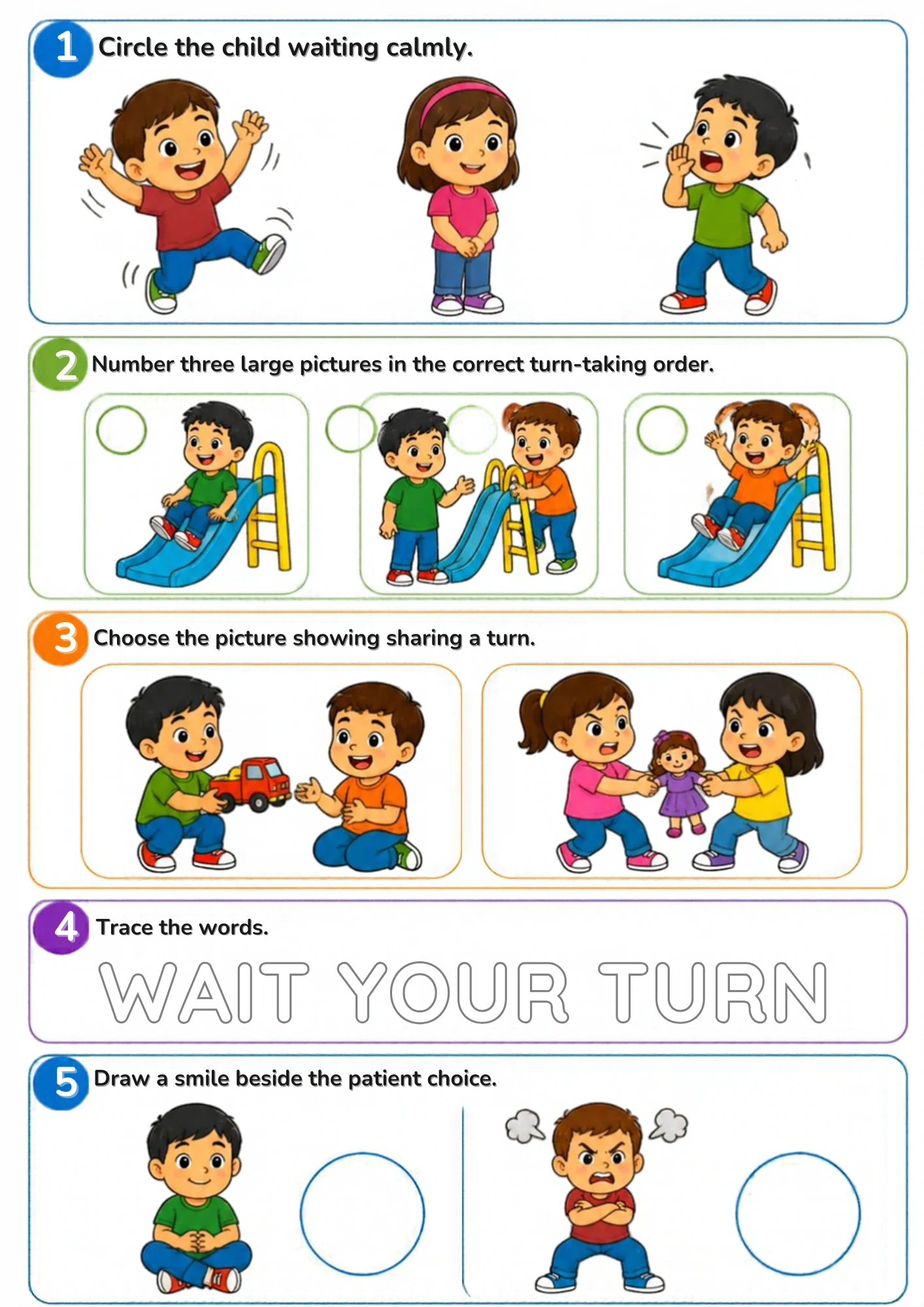 A turn-taking worksheet for preschoolers: circle the child waiting calmly, number the turn-taking pictures in order, choose the sharing picture, trace WAIT YOUR TURN and draw a smile beside the patient choice.