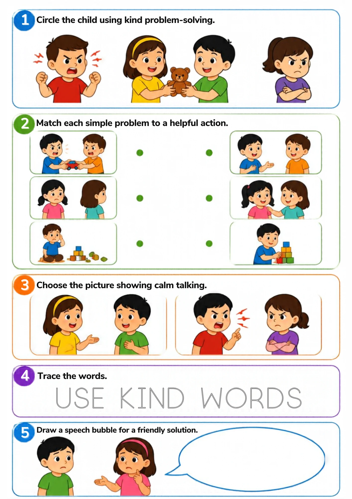 The full Use Kind Words activity sheet: Solving small problems kindly — calm talking, helpful actions and one friendly speech bubble.
