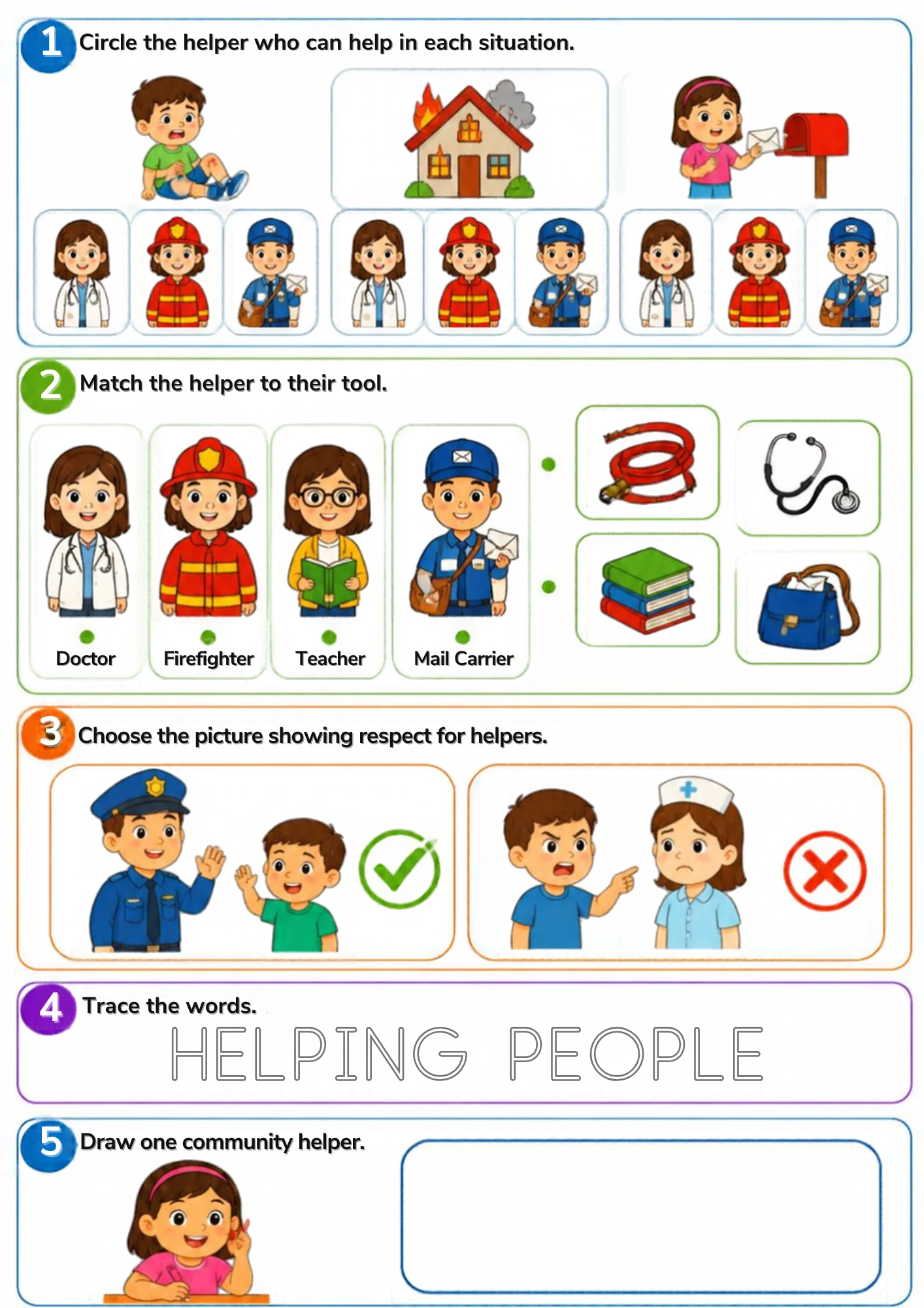 A community-helpers worksheet for age 4: circle the right helper for each situation, match each helper to their tool, choose the respectful picture, trace HELPING PEOPLE and draw your own community helper.