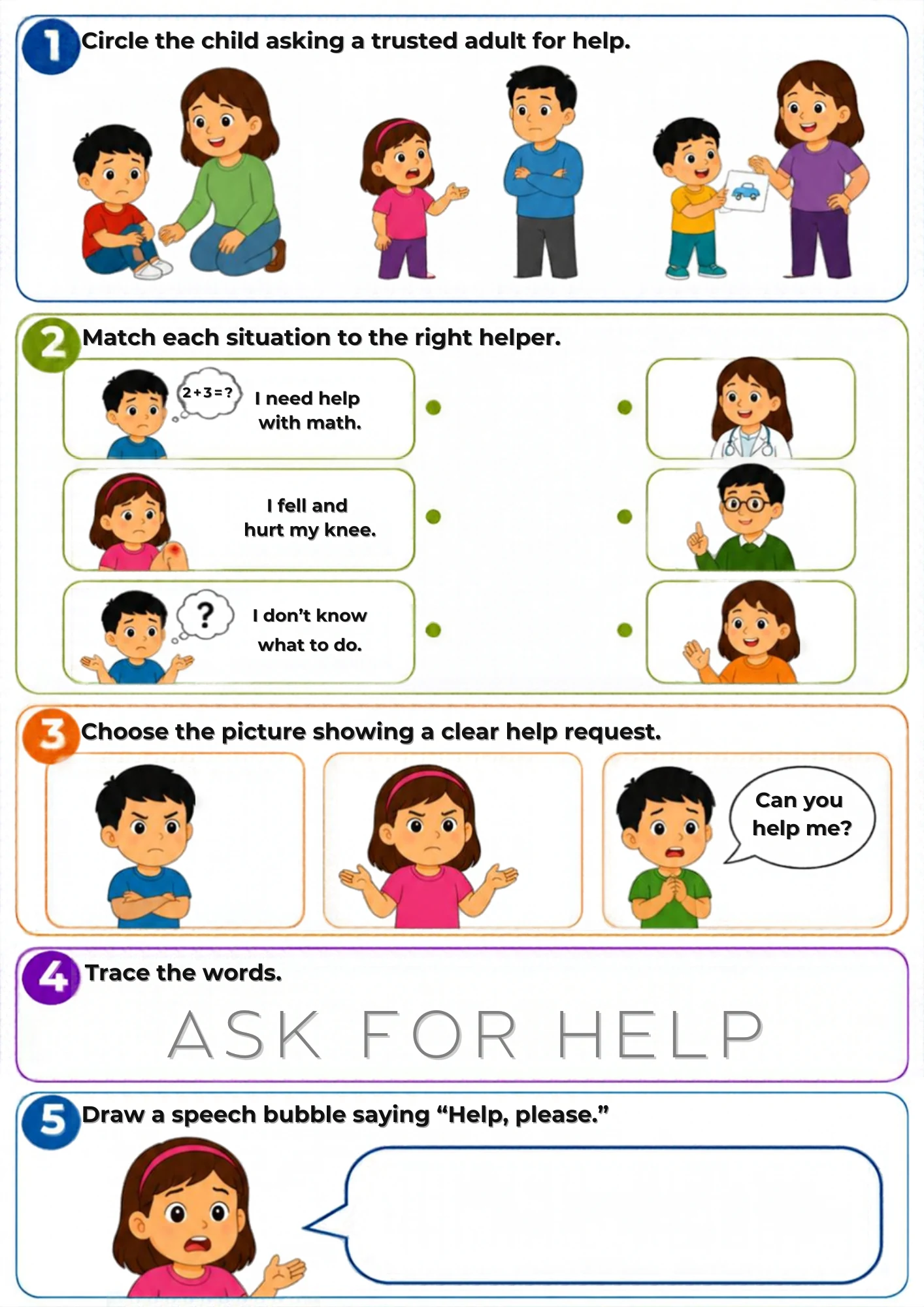 The full Ask for Help activity sheet: Asking a trusted grown-up is a skill — practise the words and pick the right helper.