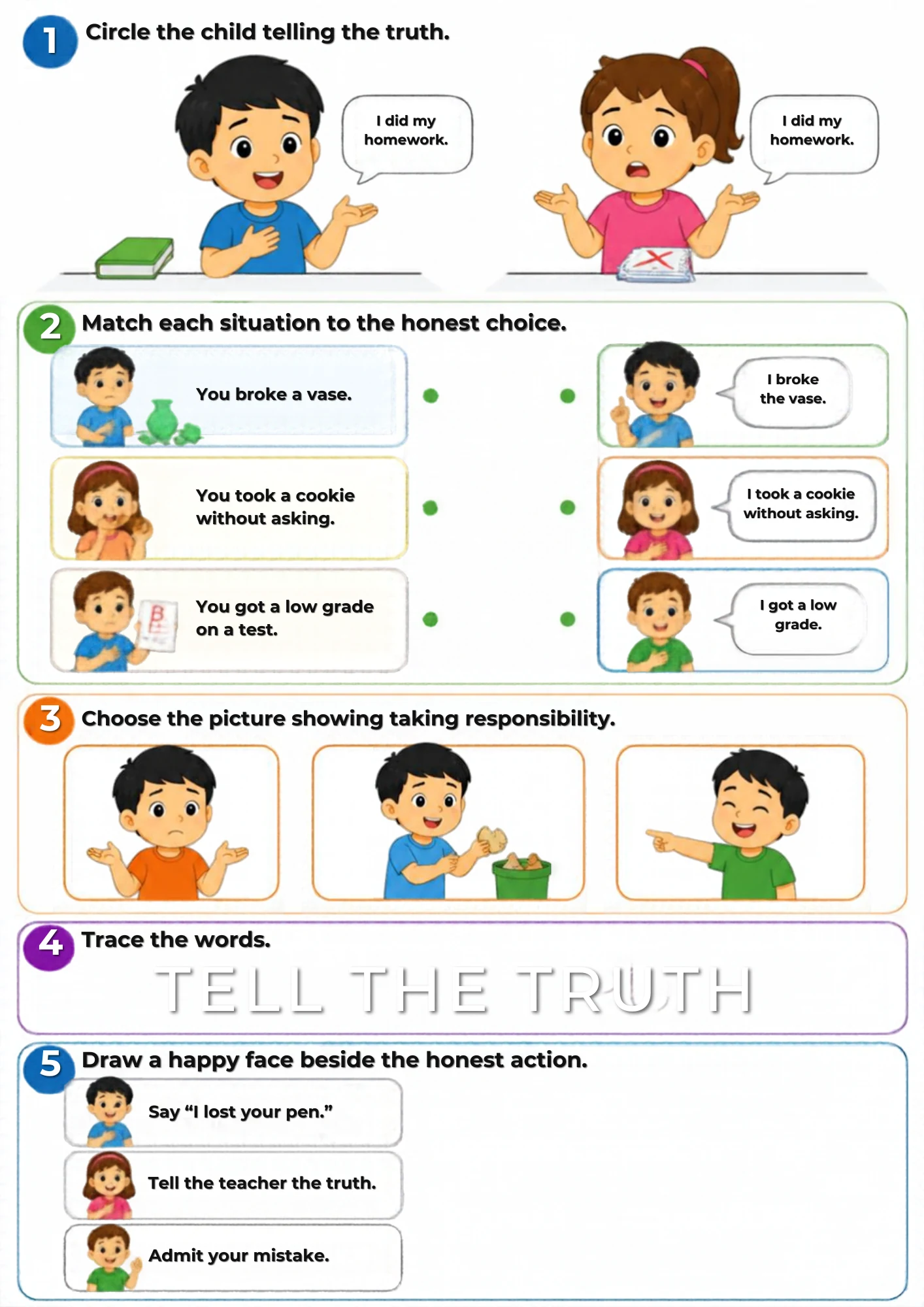A honesty worksheet for age 4: circle the child telling the truth, match each situation to the honest choice, choose the responsible picture, trace TELL THE TRUTH and draw a happy face beside the honest action.