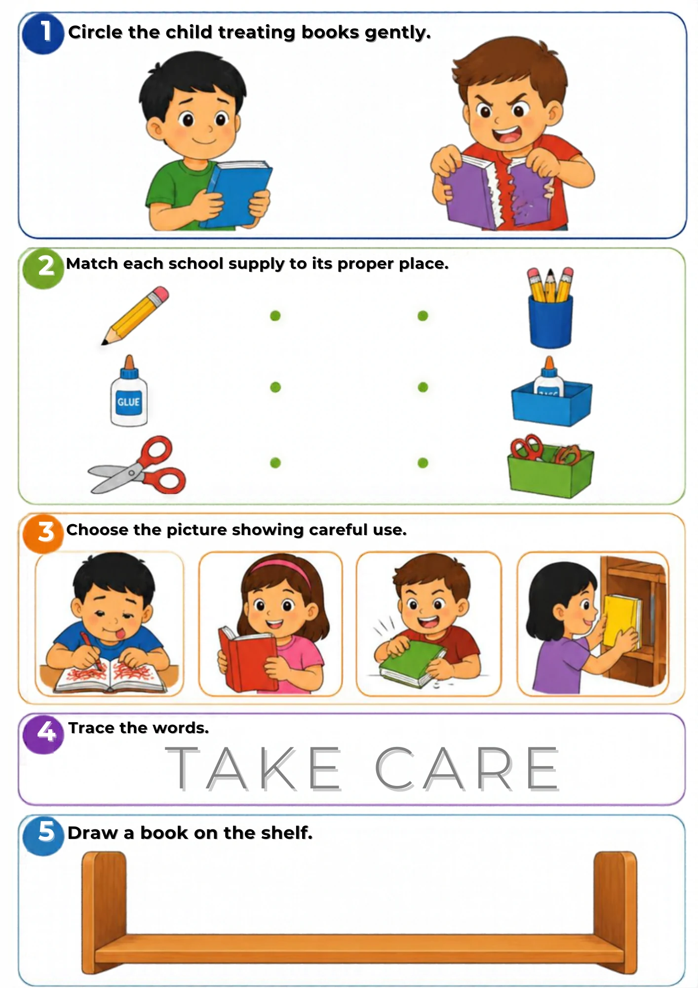 A take-care worksheet for preschoolers: circle the child treating books gently, match each school supply to its proper place, choose the careful-use picture, trace TAKE CARE and draw a book on the shelf.