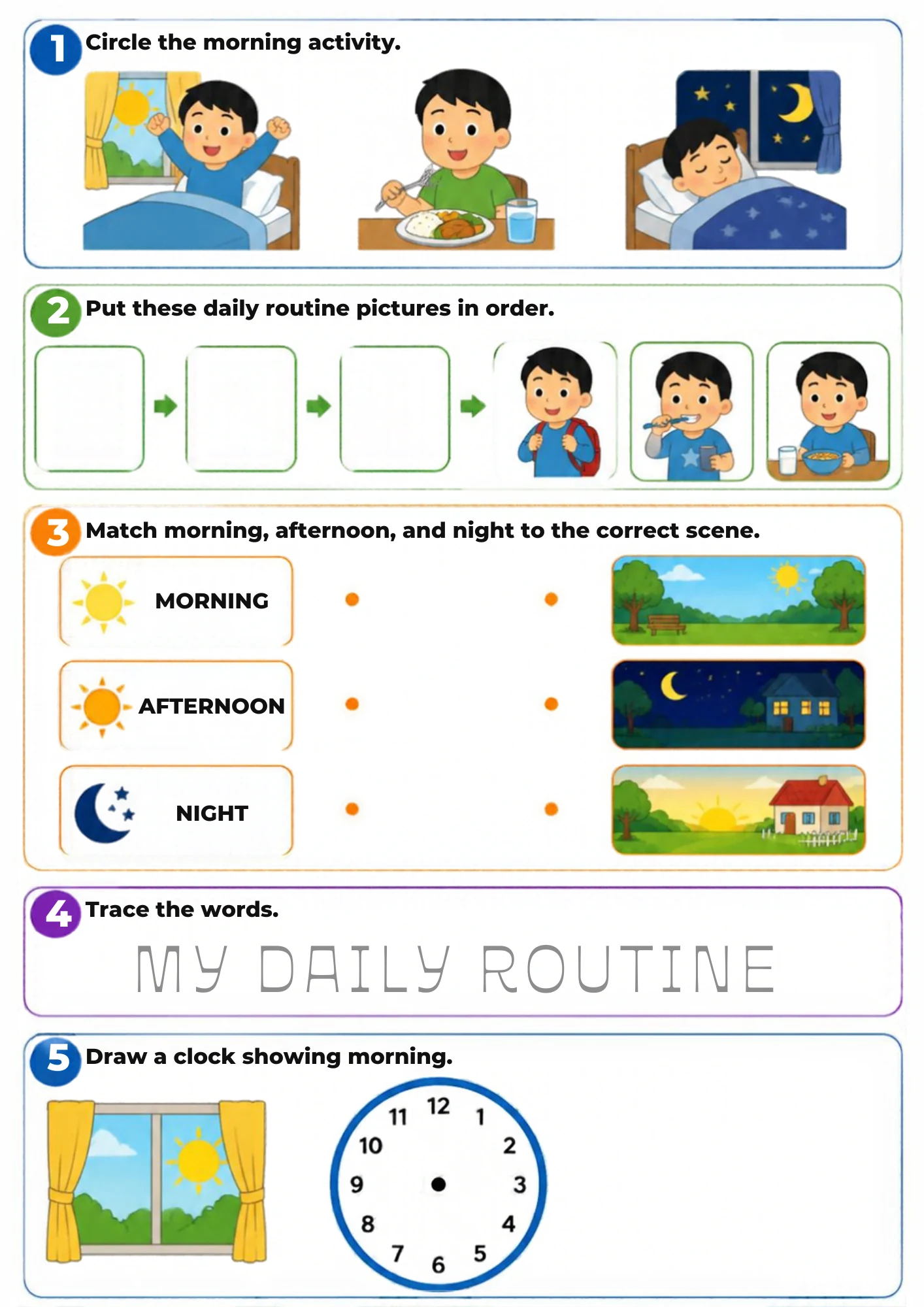 A daily-routine worksheet for age 4: circle the morning activity, put the routine pictures in order, match morning, afternoon and night to their scenes, trace MY DAILY ROUTINE and draw a morning clock.