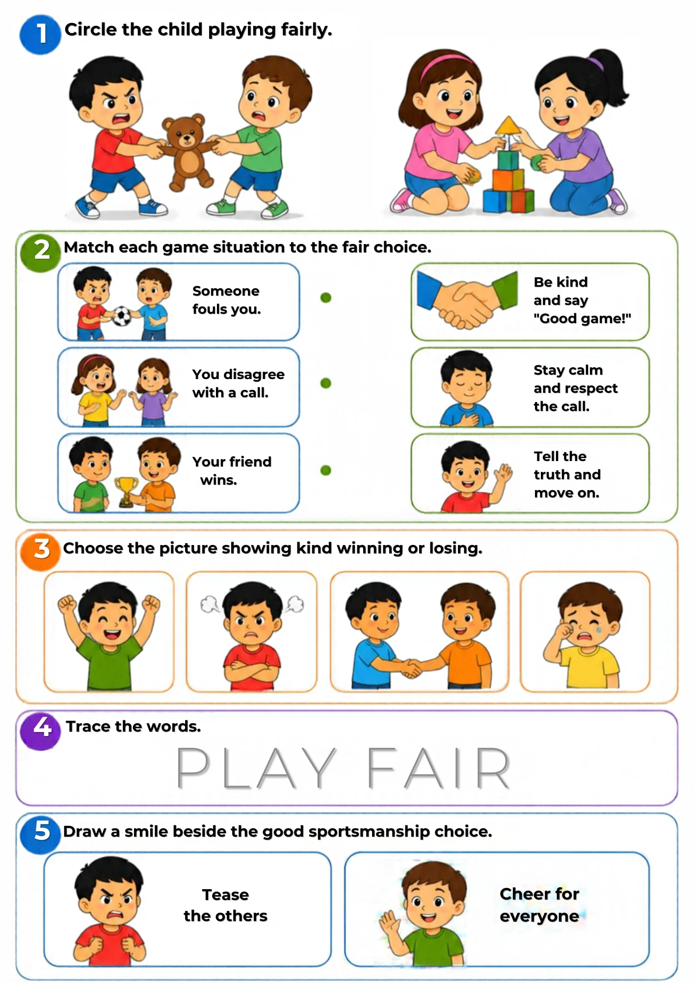 The full Play Fair activity sheet: Sharing the game, fair choices when things go wrong and shaking hands at the end.