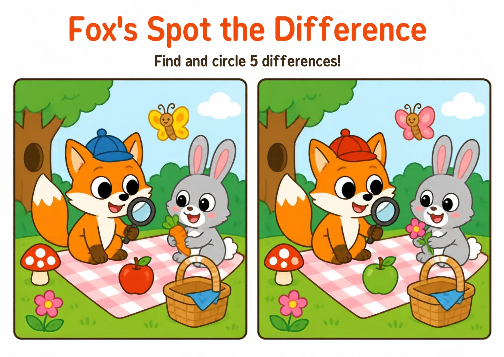 Two picnic scenes side by side: Fox in a cap with a magnifying glass and Rabbit on a blanket. Five differences hide between them: the cap colour, the butterfly colour, the carrot versus a flower, the apple colour and one mushroom spot.