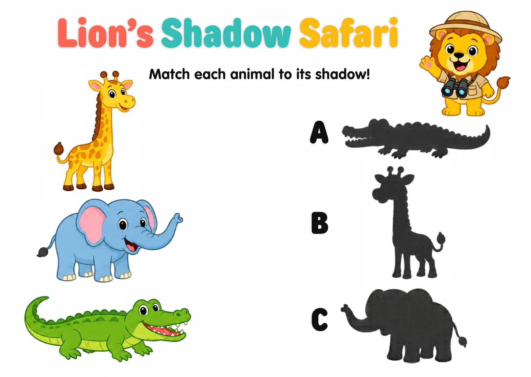 A giraffe, an elephant and a crocodile beside three shadows labelled A, B and C.