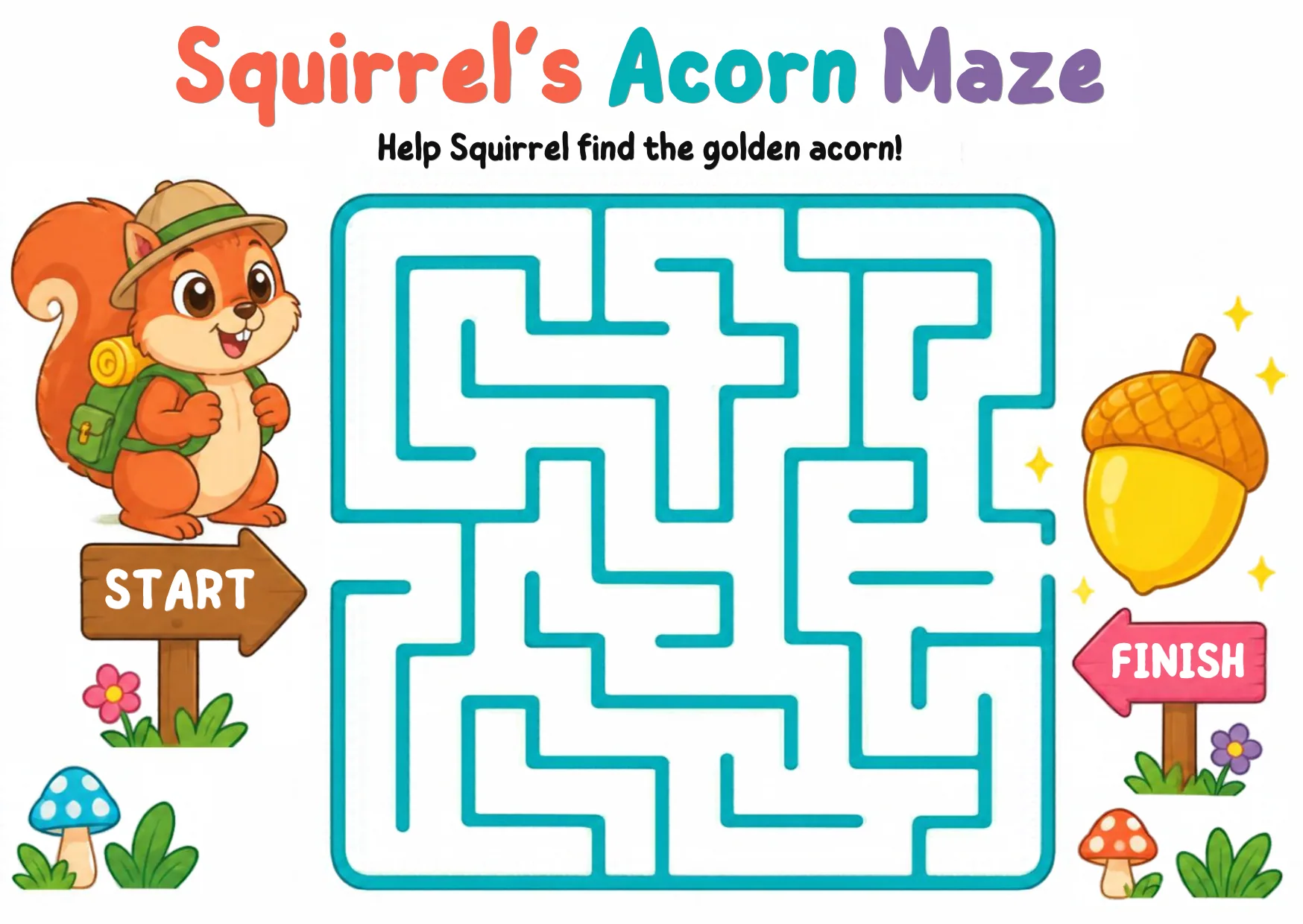 A square maze with Squirrel at the start on the left and a golden acorn at the finish on the right.