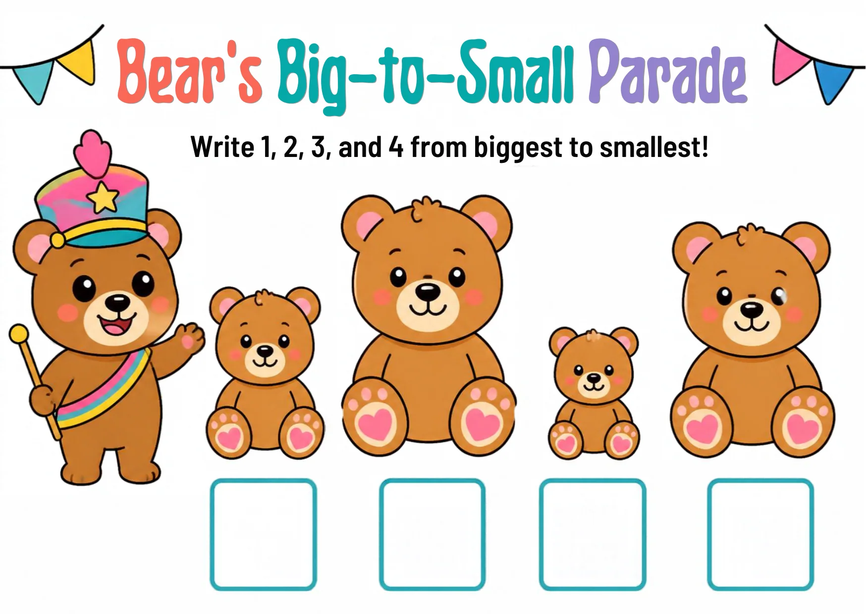 A parade leader bear and four teddy bears of different sizes, each with a number box below.
